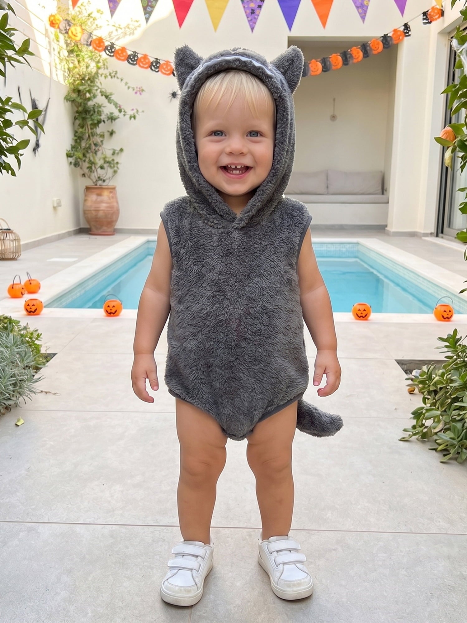RUINIXCW Newborn Baby Boy Halloween Wolf Costume Kids Infant Animal Cosplay Outfit Toddler Fall Winter Clothes Warm Fleece Hooded Sleeveless Romper