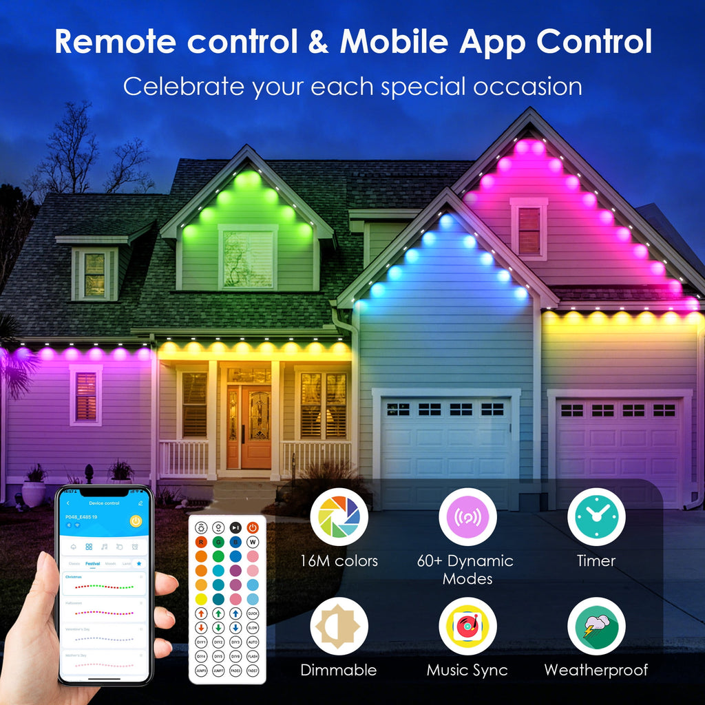 DAYBETTER 200ft Permanent Outdoor Lights, RGB Eaves String Lights with 100LED, Remote/APP Control, IP65 Waterproof, for Garden Halloween Christmas Party Decorations