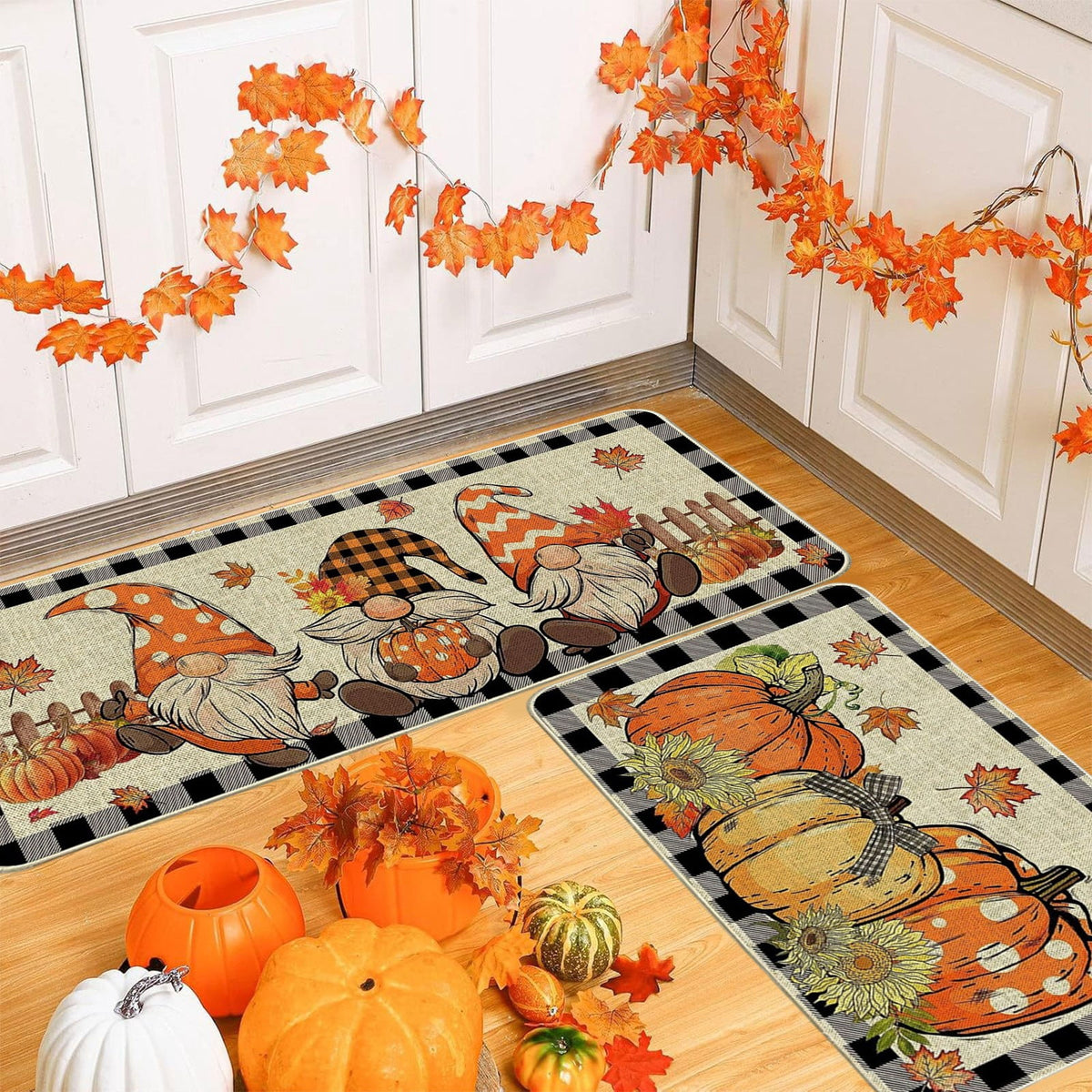 HOARBOEG Fall Pumpkin Maple Leaf Floor Mat 2-Piece Set - Non-Slip Halloween Thanksgiving Decorative Rug for Bathroom, Kitchen, Porch, Entrance, Polyester Foot Mats, Easy Clean Indoor/Outdoor