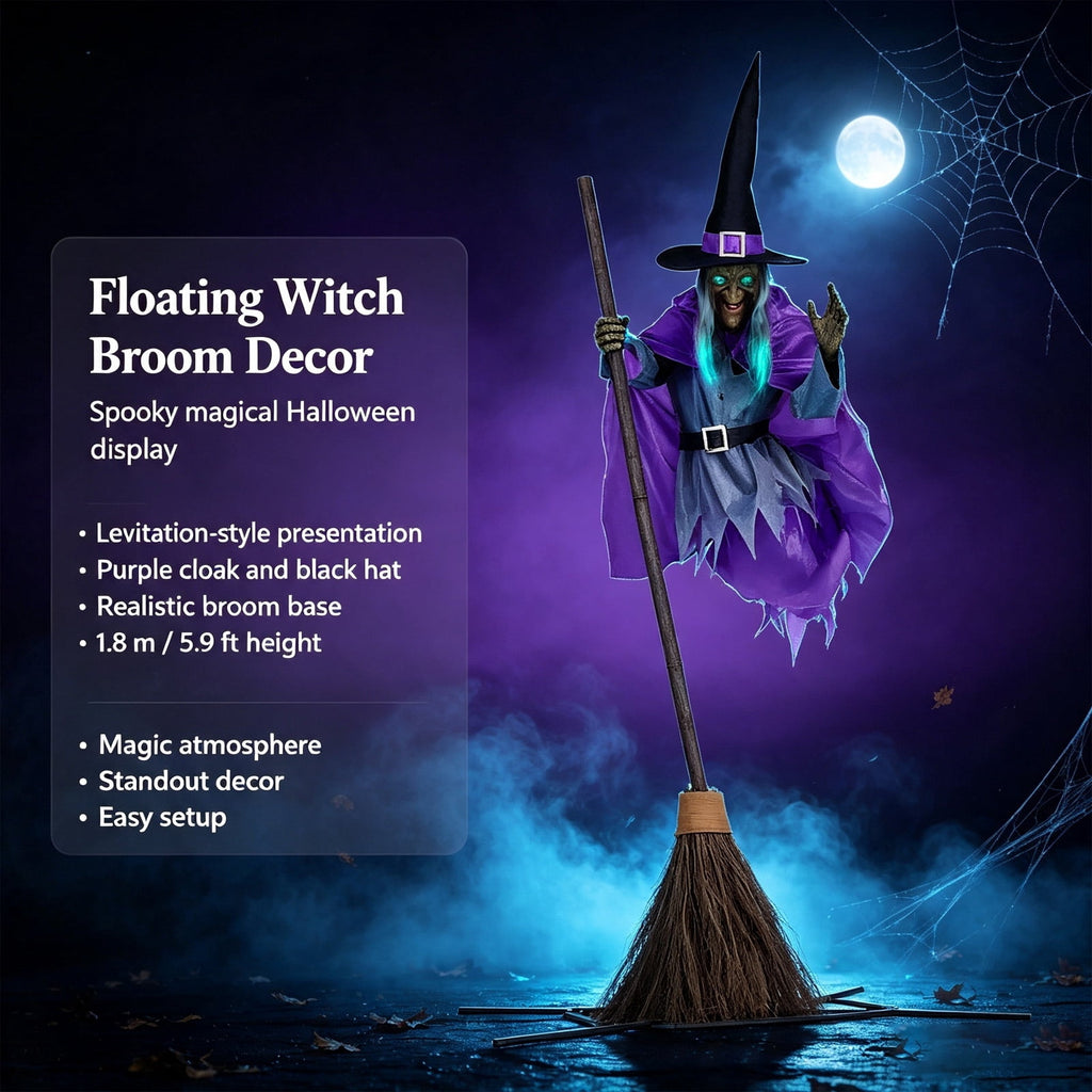 Halloween Flying Witch on Broom Decorations, 6 FT Animated Hovering Witch Animatronics Holding Sweeper Props with Scary Sounds and Lights, House Decor for Outside Indoor Garden Yard Lawn