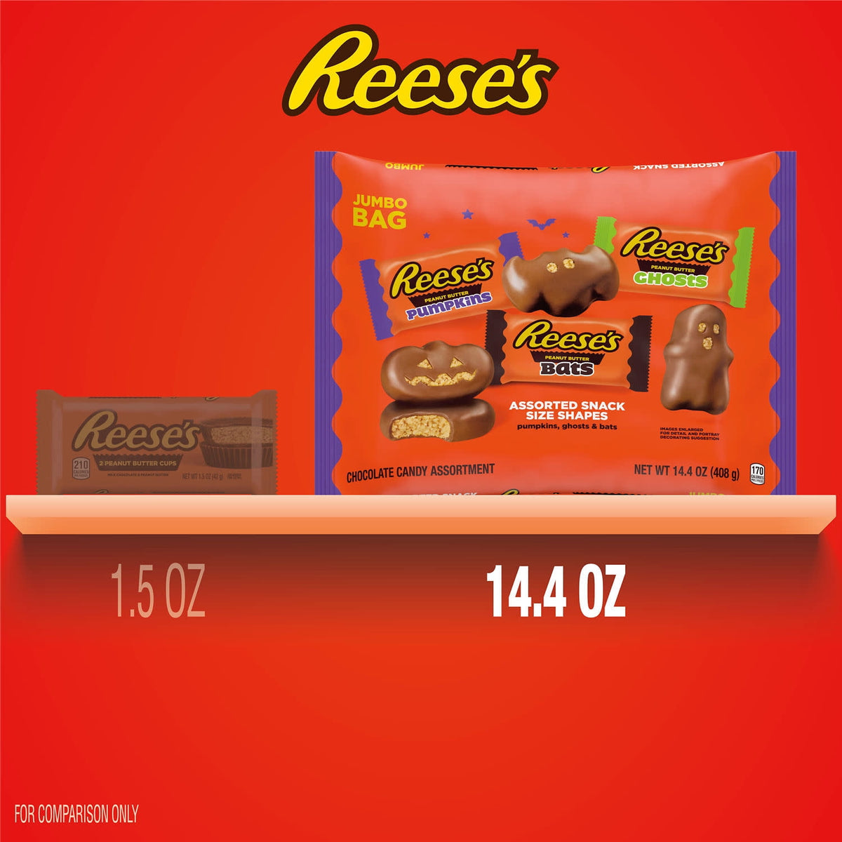REESE'S Assorted Milk Chocolate Snack Size Peanut Butter Shapes, Halloween Candy Jumbo Bag, 14.4 oz