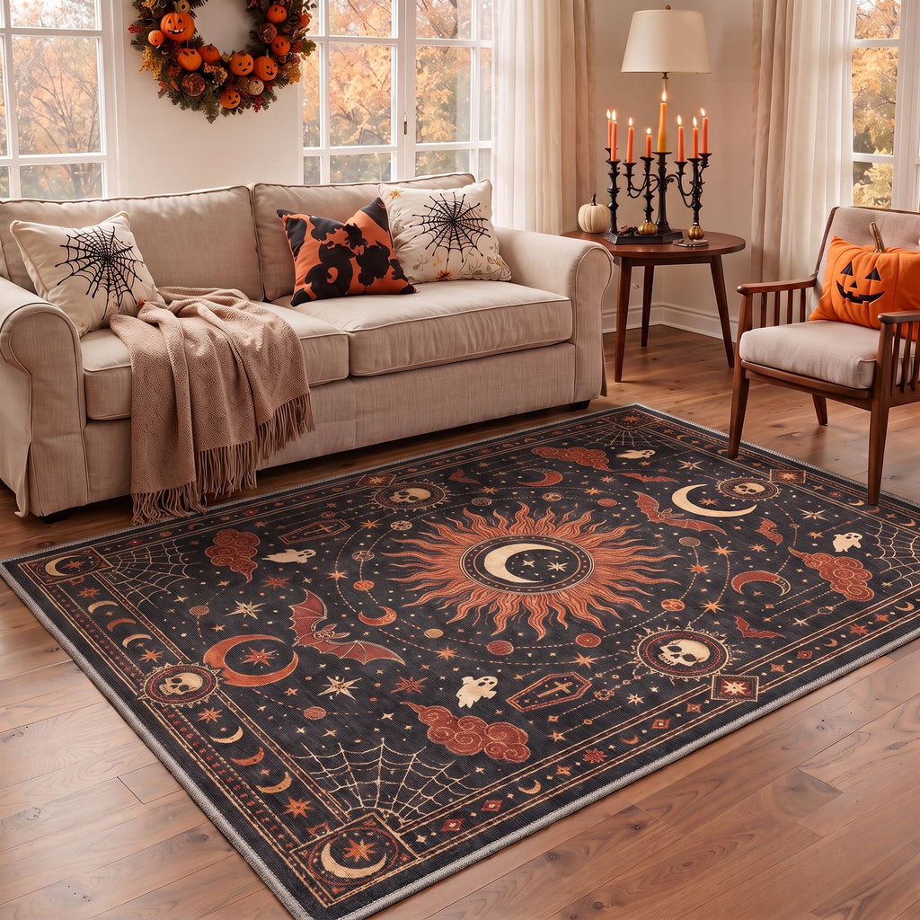 GENIMO 2'x7' Halloween Runner Rug, Washable Non Slip Soft Whimsical Skeleton Indoor Outdoor Hallway Runner for Porch Patio Kitchen Entryway, Charcoal Black