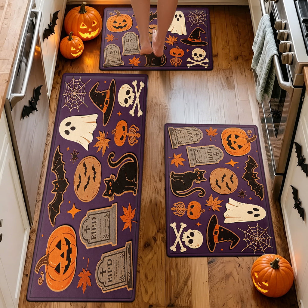 YIMEIS Halloween Neon Pumpkin Lanterns 3Pcs Flannel Mat & Kitchen Rugs Set,Soft Non-slip,16''×24'' 20''×30'' 17''×47'' Inches,for Entryway Bathroom