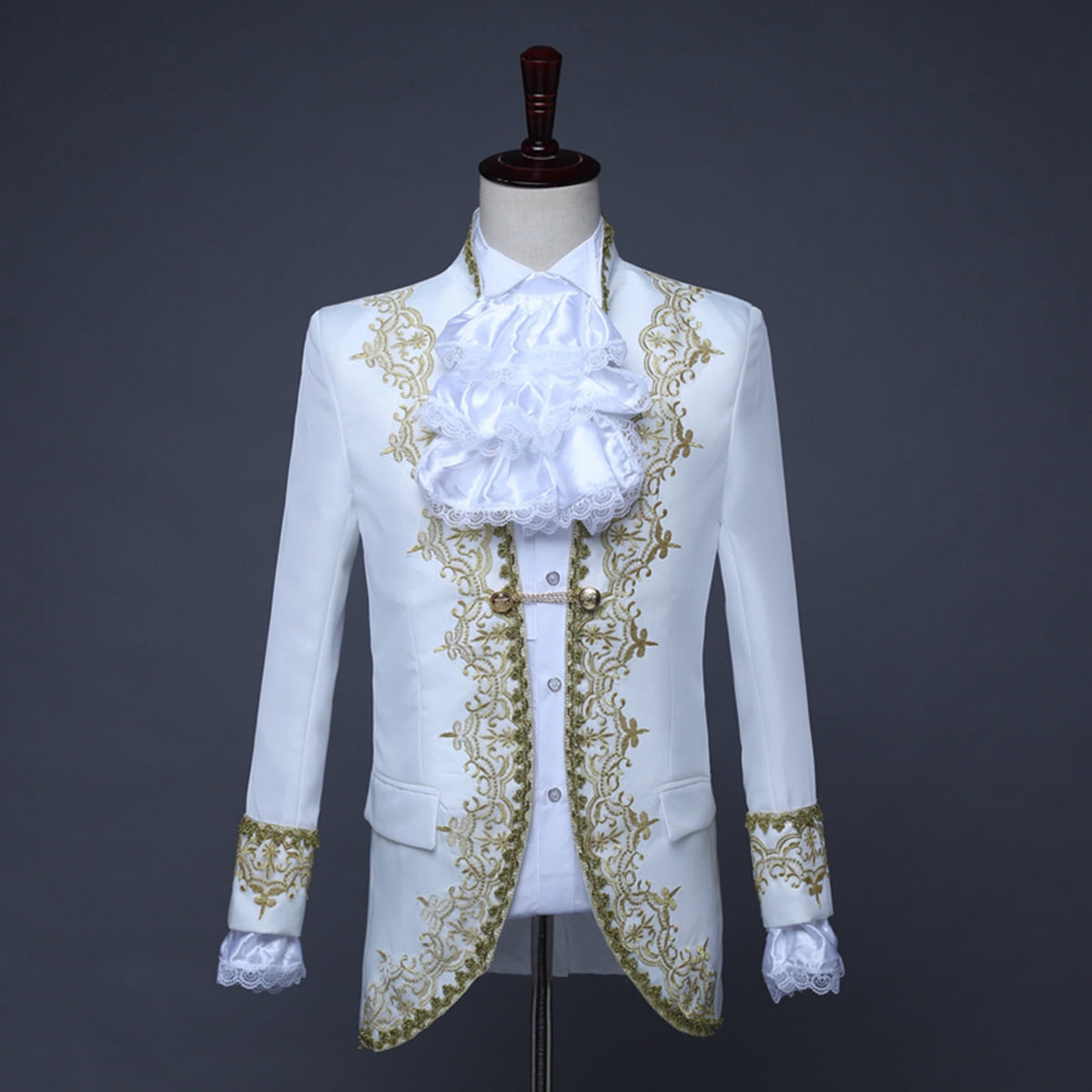 Odeerbi Mens Steampunk Tailcoat Gothic Medieval Gold Embroidery Jacket Halloween Tuxedo Coat Frock Uniform European Court Performances Prince Uniforms Coat White