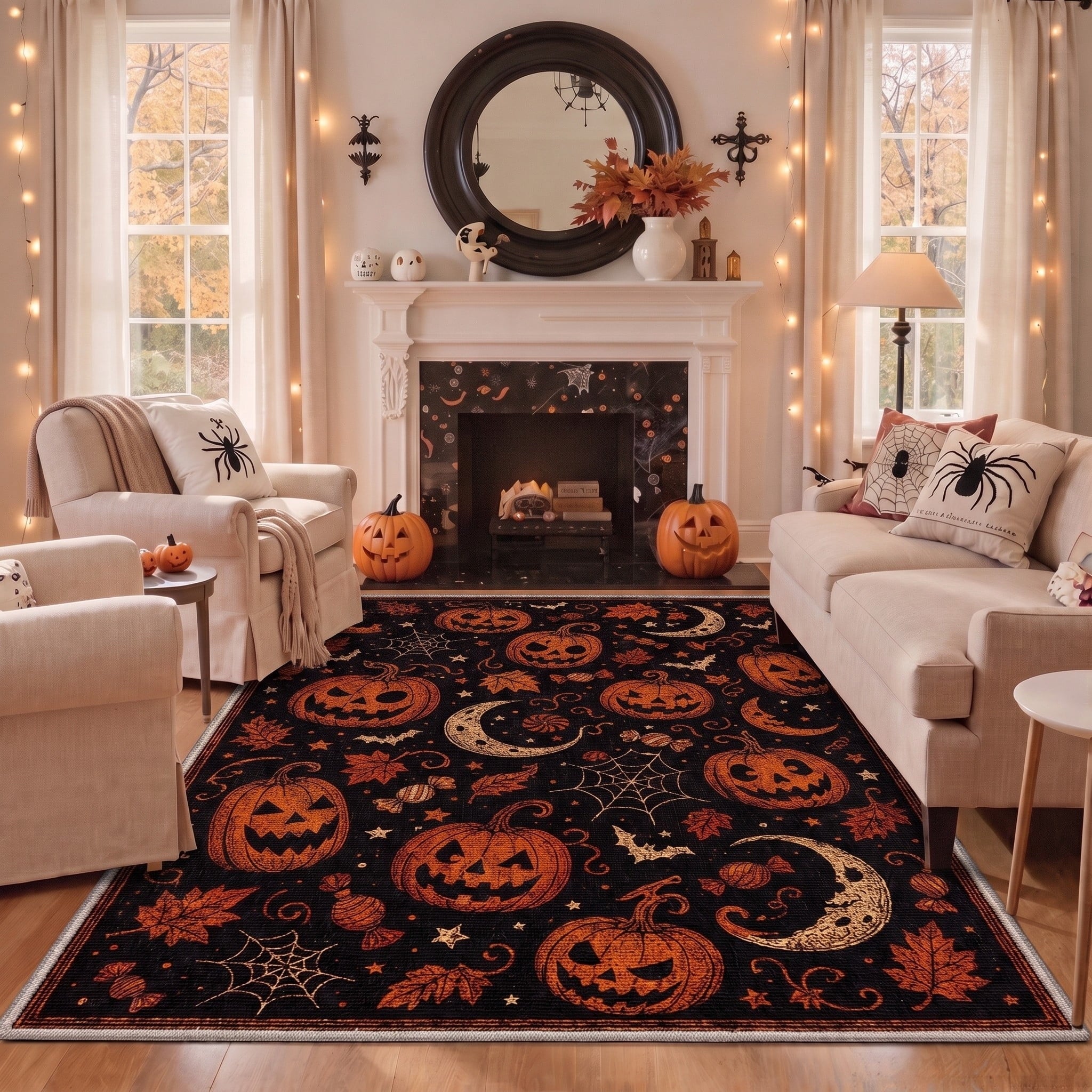 GENIMO 5'x7' Halloween Area Rug for Living Room, Washable Non Slip Soft Vintage Witch Indoor Rug for Bedroom Dining Room Home Office, Retro Sepia