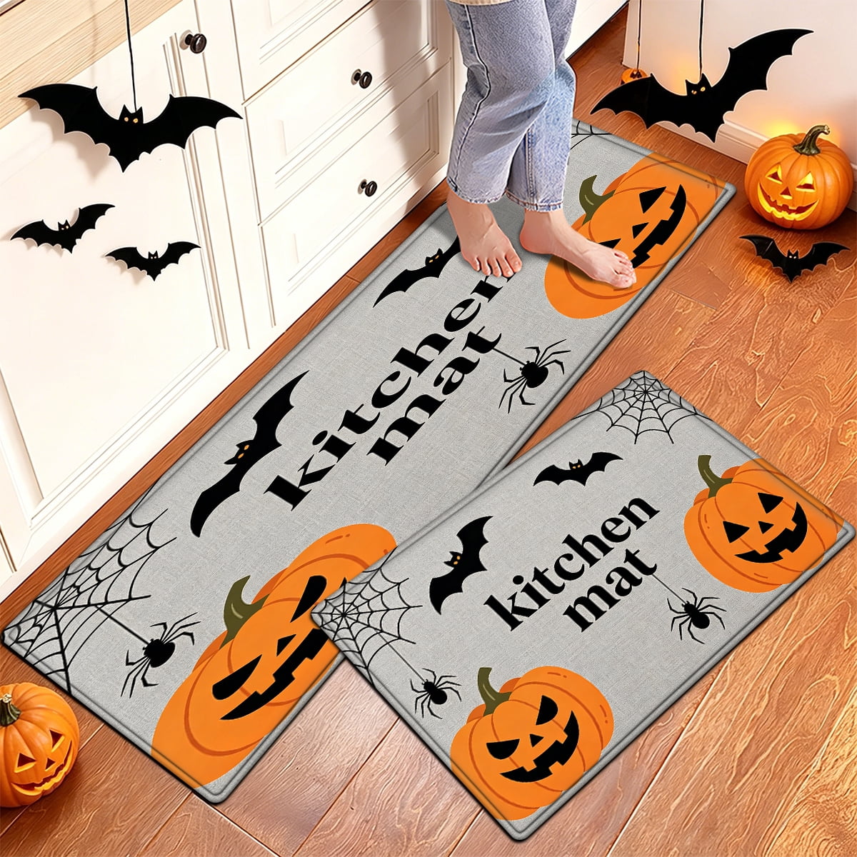 YIMEIS Halloween Pumpkin Lanterns 3Pcs Flannel Mat and Kitchen Rugs Set,Soft Non-slip,Perfect for Home Bathroom