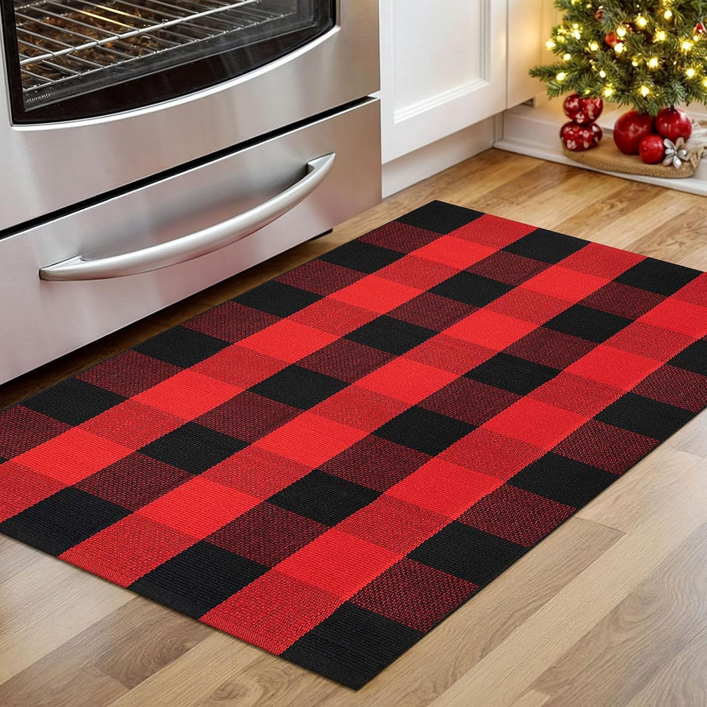 HearthHarmony Buffalo Plaid Area Rugs 2x3 Ft Brown and Black Checkered Rugs Washable Front Door Mat Hand Woven Cotton Outdoor Small Rug for Front Porch Kitchen Entryway Patio Bathroom