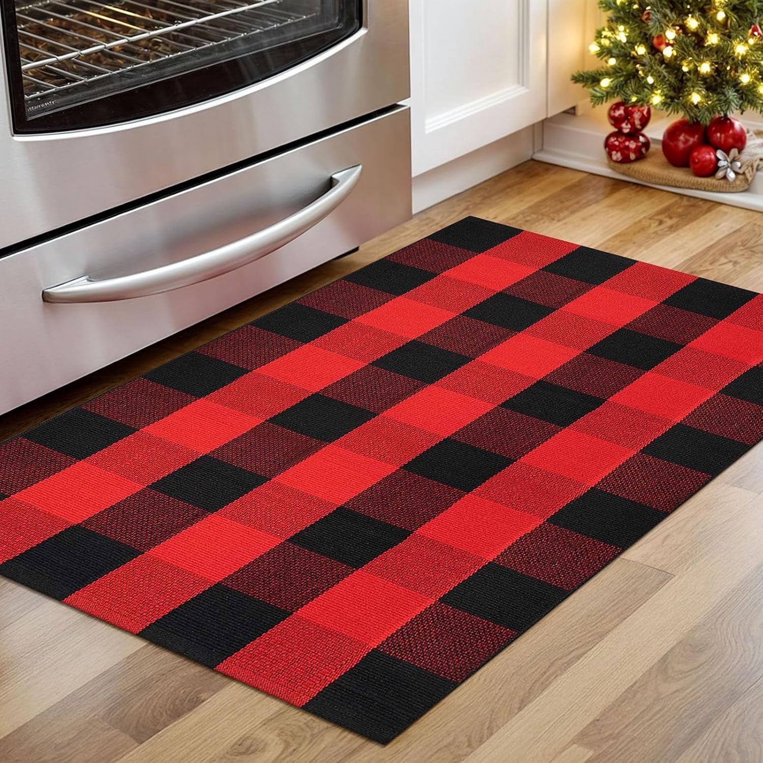 HearthHarmony Buffalo Plaid Area Rugs 2x3 Ft Brown and Black Checkered Rugs Washable Front Door Mat Hand Woven Cotton Outdoor Small Rug for Front Porch Kitchen Entryway Patio Bathroom