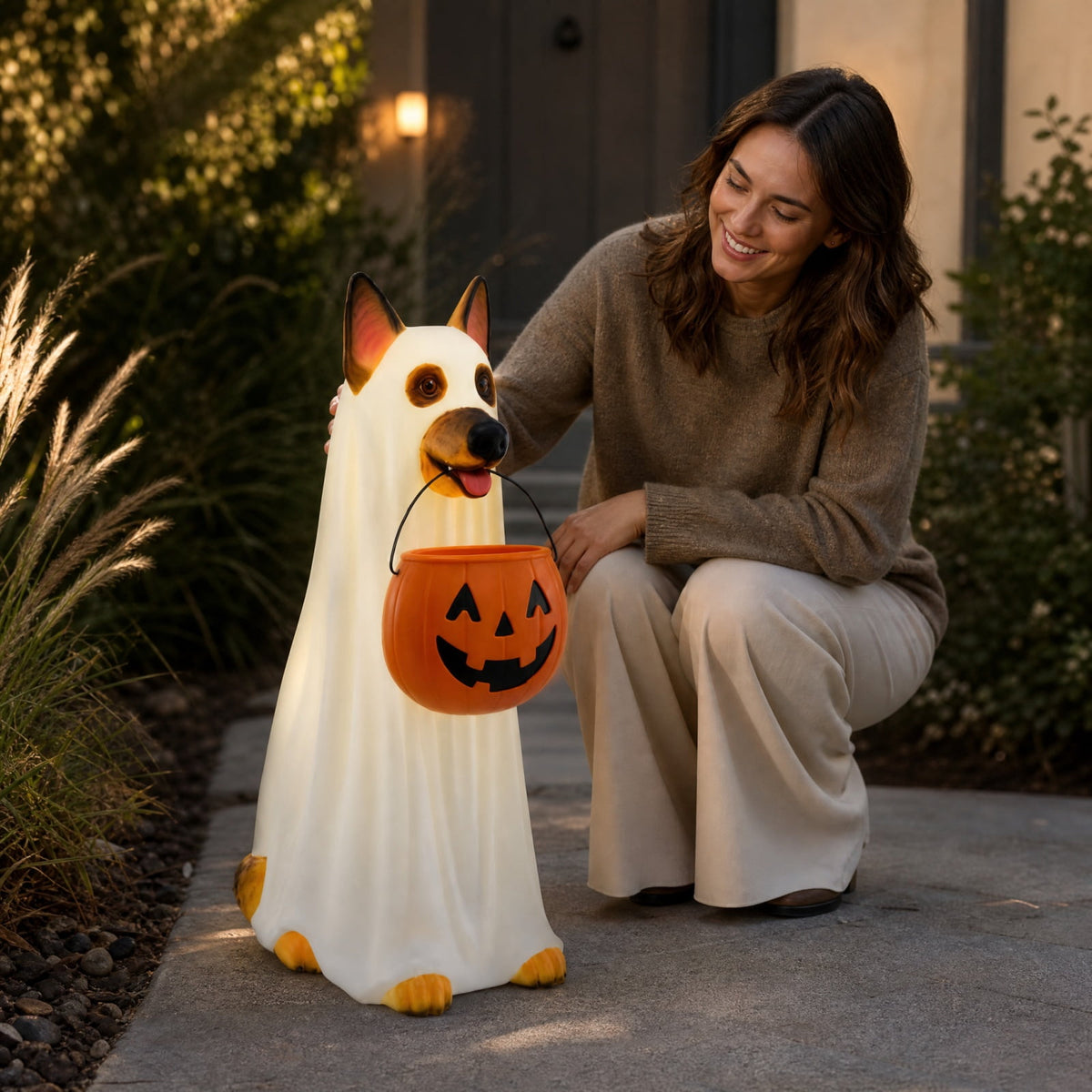 Clearance Halloween Schnauzer Bat Figurine with Ghost Bucket, 8 inch Resin Cute Dog Gifts Tabletop Decor