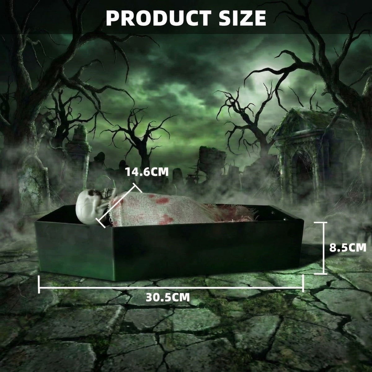 Voice Activated Animated Skeleton in Coffin, Spooky Halloween Decorations Prop with Green LED Light & Scary Sounds, Funny Tabletop Horror Skull Ghost Decor for Party Prank