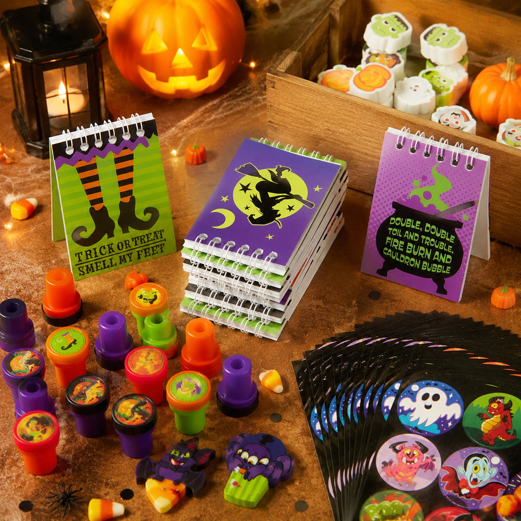 Joyfy 192 Pcs Halloween Stationery Set, Halloween Markers Rulers Stickers Erasers Stamps Notebooks Bags Party Favors,Halloween Trick or Treat Bags,Halloween Gifts for Kids,Classroom Favors