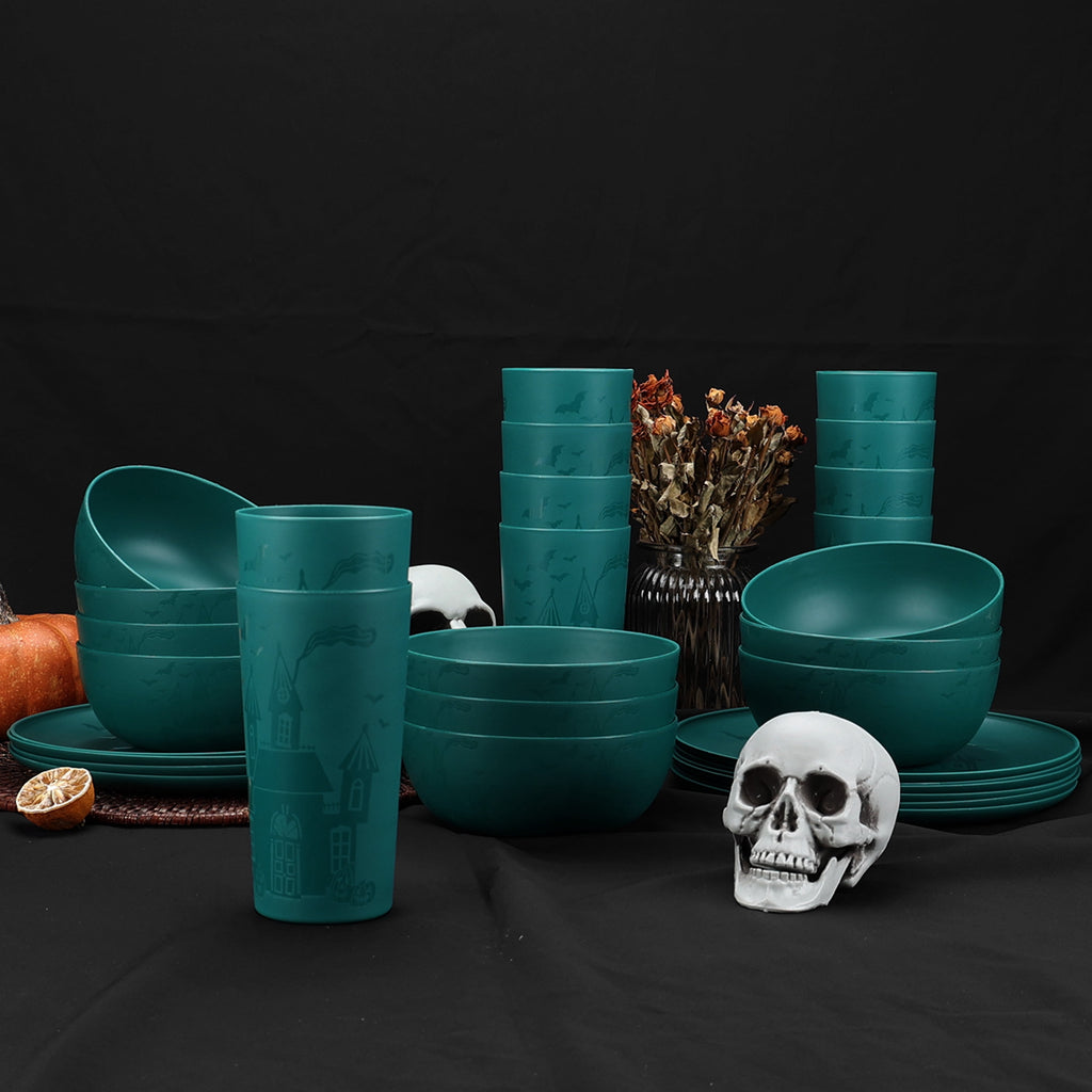 Mainstays 30-Piece Plastic Etched Pumpkin Dinnerware Set, Orange