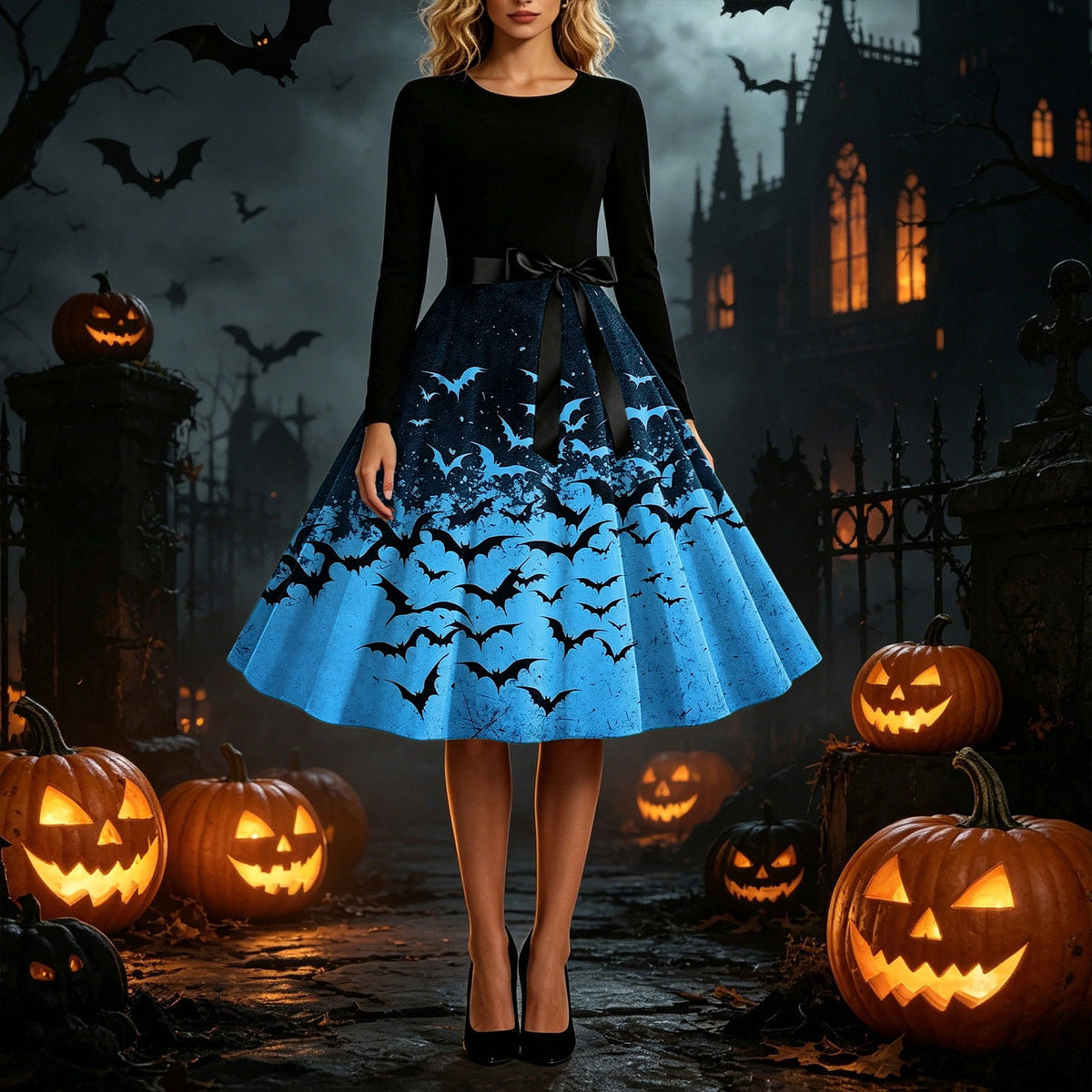 Women's Vintage Halloween Bat Print Swing Dress Long Sleeve 1950s Retro A-Line Midi Dresses with Satin Sash Belt for Gothic Cosplay Evening Prom Party