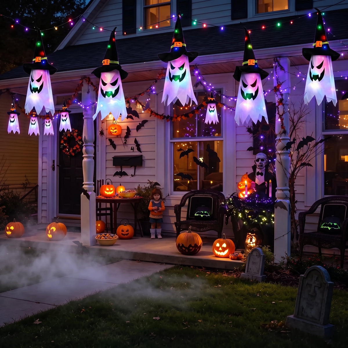 Scidweet Halloween Decorations Indoor Outdoor, 5 Pcs Halloween Lights Glowing Ghost Witch Hat Ornaments Gifts for Home Garden Yard