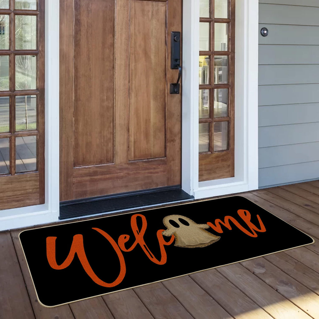 Sm:)e Polka Dot Black Cat, Jack-O'-Lantern, Ghost Halloween Welcome Doormat, 17x29 Inch