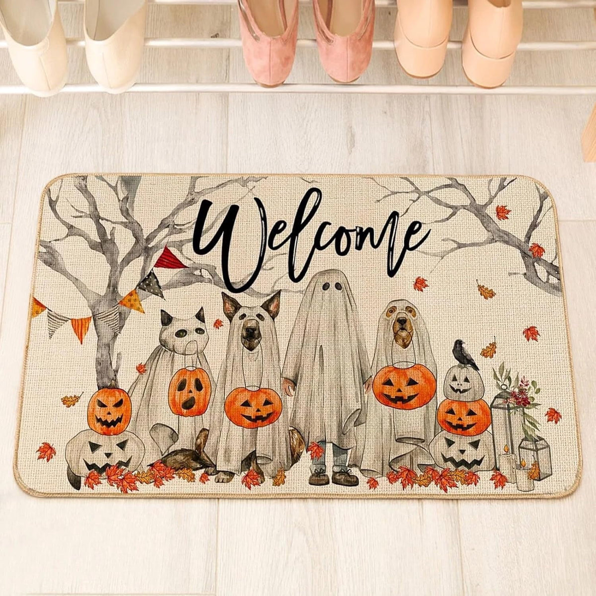 Halloween Decorations - Door Mat, Halloween Ghost Dogs Pumpkin Outdoor Mats for Front Door, Indoor Entrance Non-Slip Doormat, 1Pcs