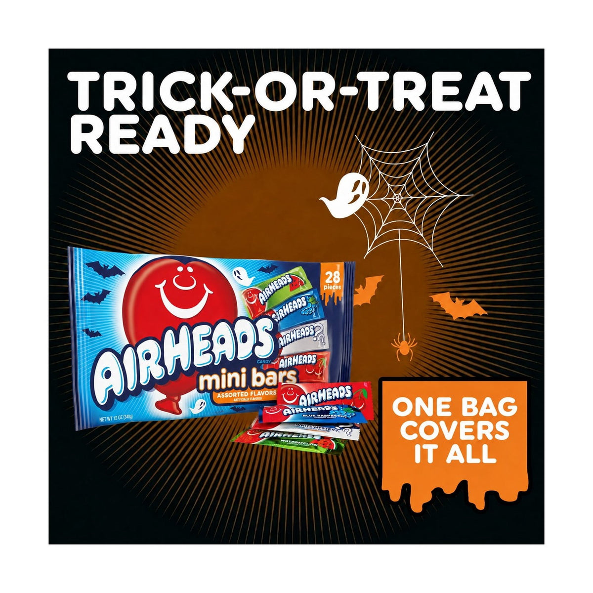 Airheads Halloween Candy Variety Bag, Individually Wrapped Assorted Fruit Mini Bars, Nut Free, 12 oz