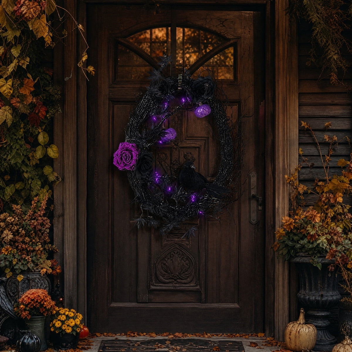 Gcvizuso Halloween Crescent Floral Wreath, Orange Red Rose Hydrangea Fall Front Door Decor for Autumn Harvest Celebration