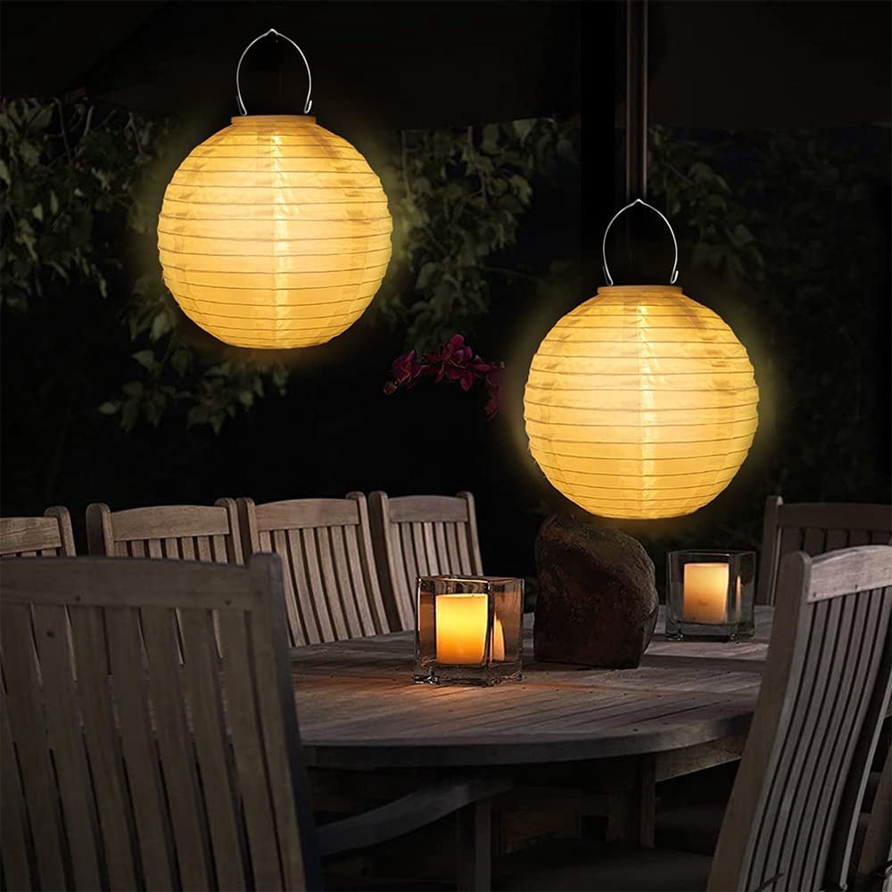 Lampions Solar Outdoor,Sky 2 Pieces Solar LED Lantern Waterproof Nylon Hanging Garden Lantern 25cm Solar Lighting for Garden, Courtyard, Terrace, Wedding, Halloween Fest Decoration (White)