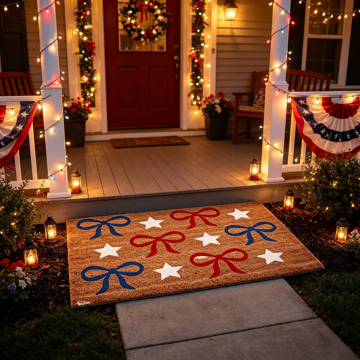 Patriotic Door Mat 4th of July Bow Flag Floor Doormats Independence Day Star Welcome Non Slip Mats for Front Porch Decor 16*24in Black