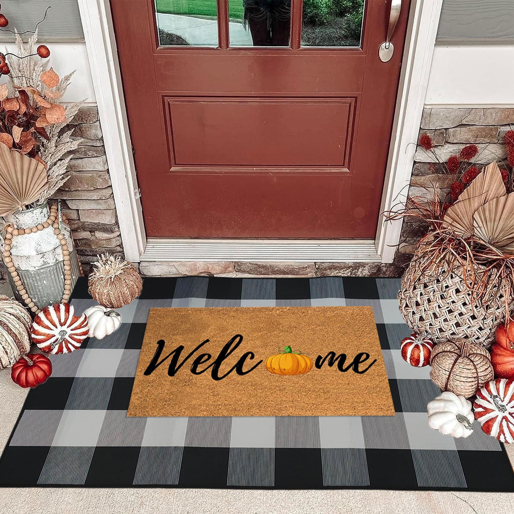 Fnochy Halloween Door Mat Outdoor 23.6"x35.4", Fall Decor Buffalo Plaid Outdoor Rug, Farmhouse Checkered Layered Welcome Door Mat for Entryway, Halloween Front Porch Decor, Orange and White