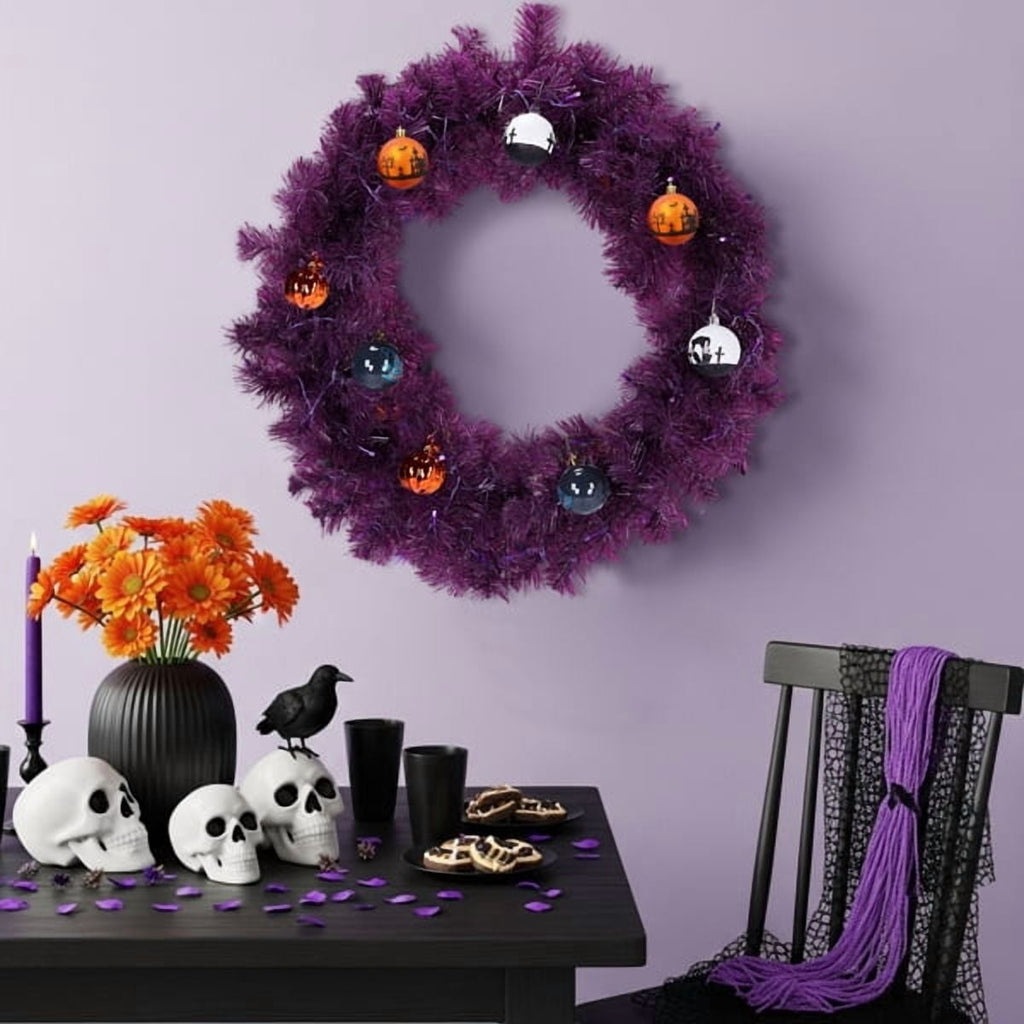 Alvantor 24 in Pre-Lit Halloween Wreath with 50 Purple and Orange LED Lights, 100 PVC Tips, DIY Ball Ornaments, Battery Powered, Purple