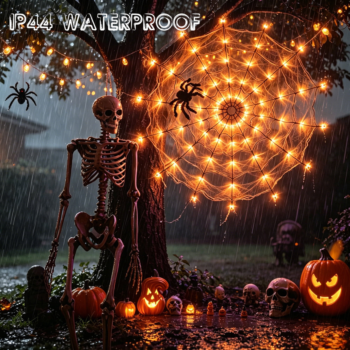 DAYBETTER Halloween Spider Web Lights, 4FT Purple LEDs with Hairy Black Spider, Remote Control, Waterproof for Indoor, Outdoor, Halloween Decor