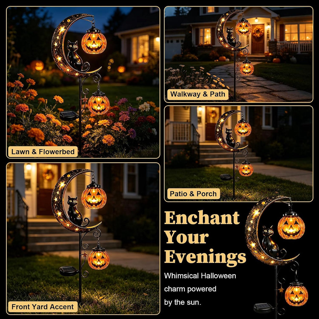 Solar Halloween Black Cat & Pumpkin Moon Garden Stake Light | Waterproof Metal Black Cat Yard Ornament, Auto On Off Solar Outdoor Light, Fall Halloween Decor Stake for Lawn Patio Pathway