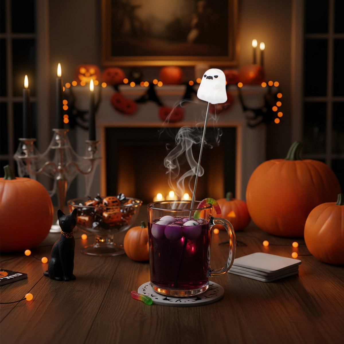 Stainless Steel Mixing Spoon for Cocktails – Halloween Barware, 304 Food - Grade Stirring Rod with Ghost, Witch Hat, Bat & Pumpkin Designs,Orange