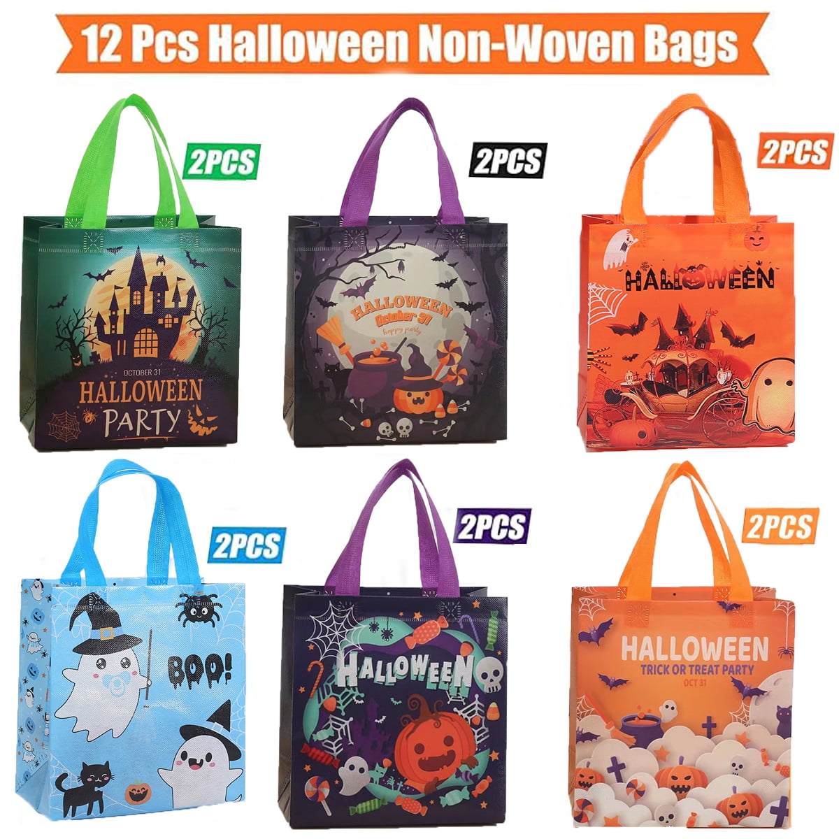 12 Packs Halloween Trick or Treat Bags, Reusable Non-Woven Gift Tote With Handles, Goodie Bags for Party Supplies, 9.06*8.66*4.33