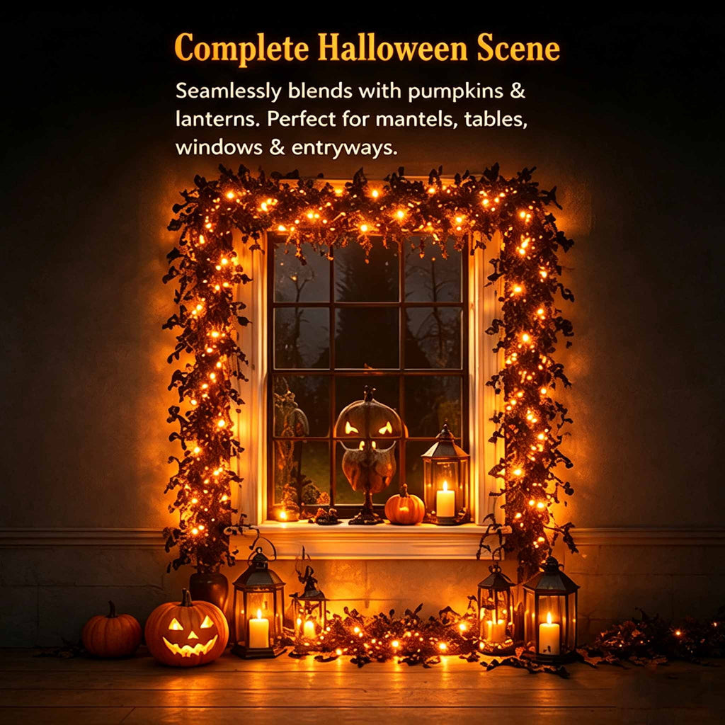 Halloween Garland with LED Lights,Halloween Fireplace Mantel and Door Decoration with Vine Light,Gothic Black Vine Halloween Decor for Indoor Home