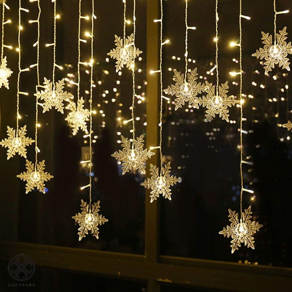 Morttic Christmas 96LEDs Snowflake Fairy String Curtain Window Light LED Starry Christmas String Lights for Holidays Wedding Party Decor (Warm Light)