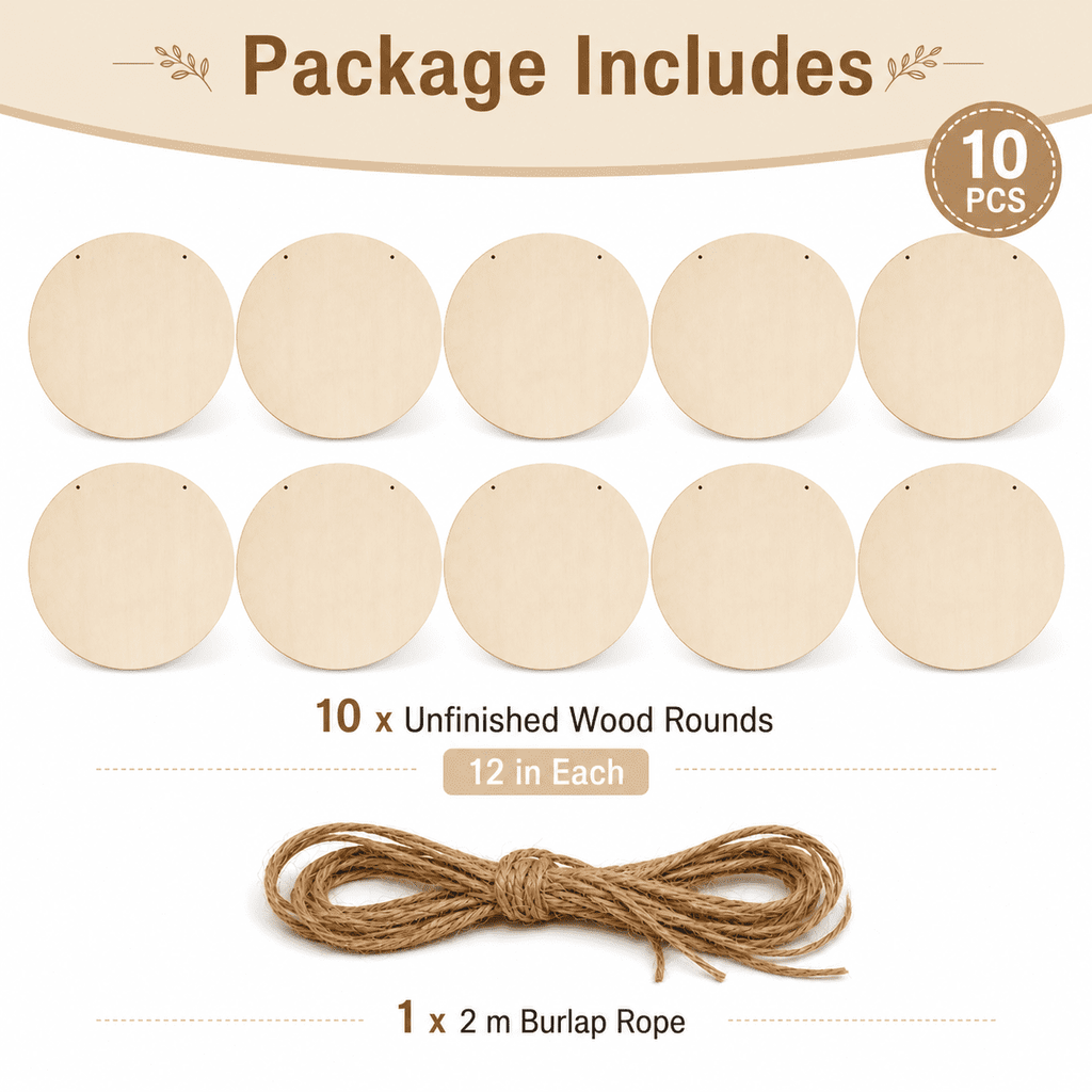 Unfinished Wood Crafts,DIY Wood Rounds for Crafts,Door Hanger Painting DIY Home Decor 12" 10 Pack