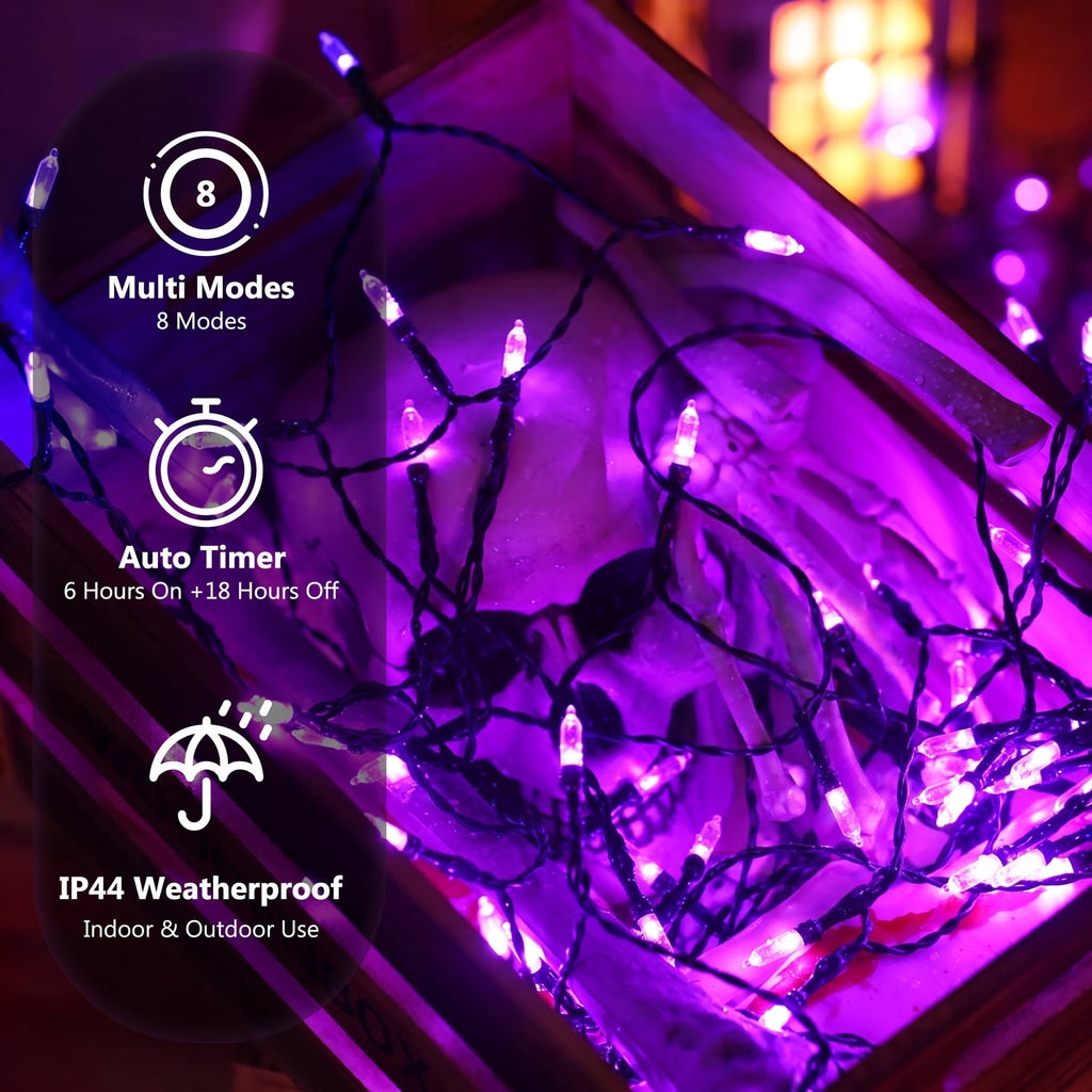 TETOU Halloween Lights, 33ft 100 LED Battery Halloween Lights, 8 Modes String Lights with Timer, Indoor Outdoor Waterproof mini Lights String for Halloween Bedroom Patio Decor - Orange & Purple