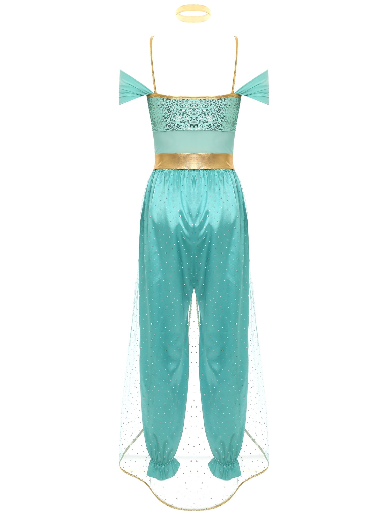 YiZYiF Women's Arabian Princess Dance Costume Halloween Party Fancy Dress Shiny Belly Dance Jumpsuit Turquoise B M