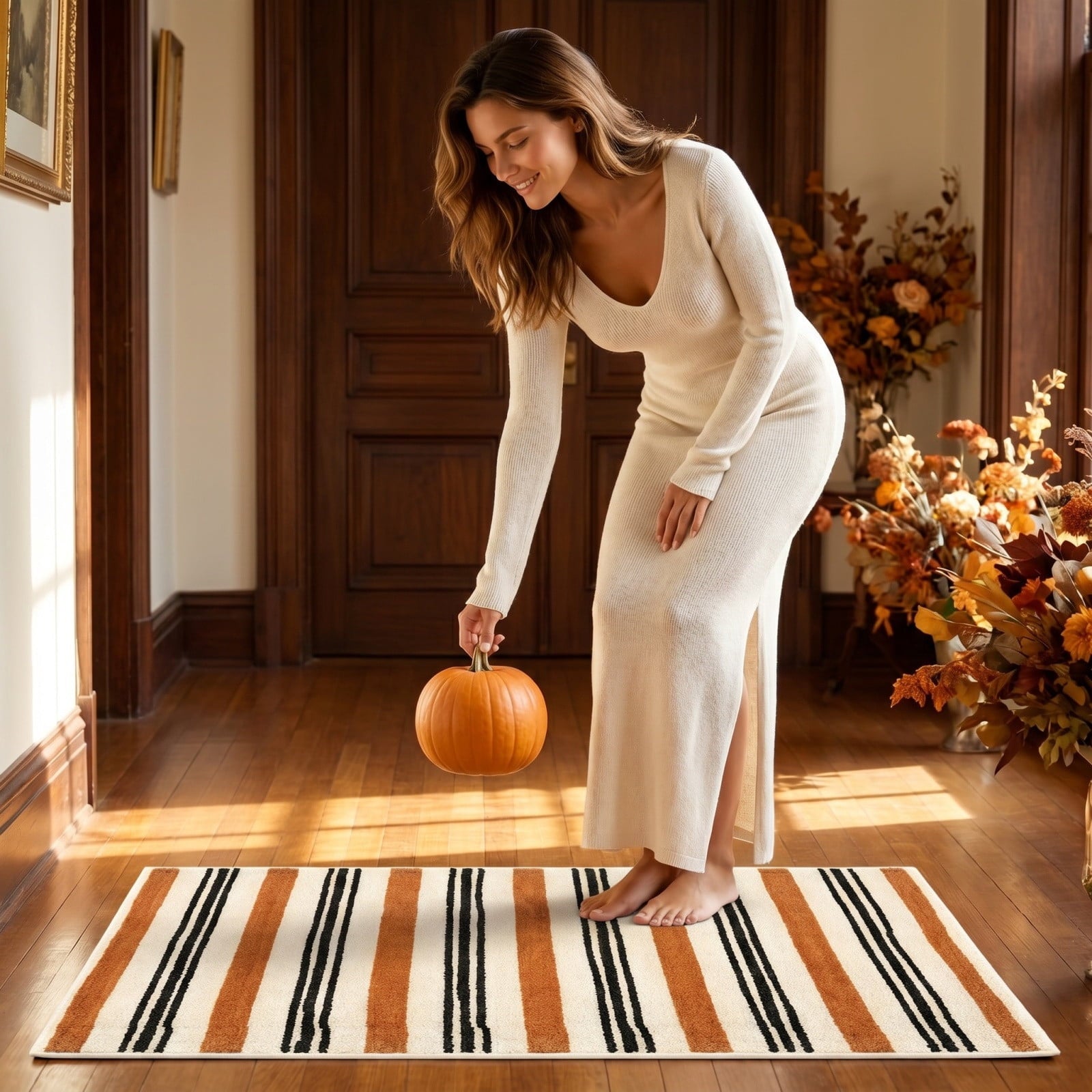 Halloween Fall Bathroom Rug, Vertical Striped Plush Floor Mat, Neutral Terracotta Entryway Doormat for Indoor Home Decor