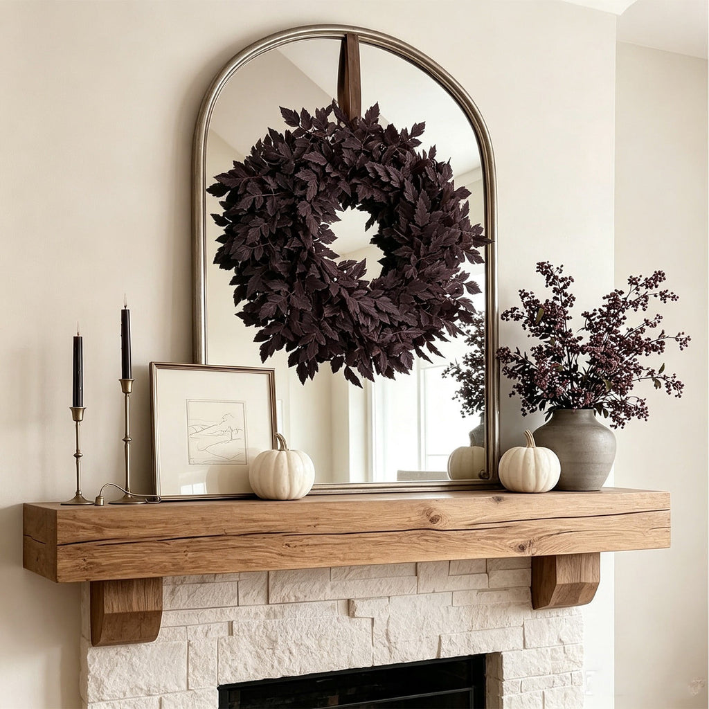 23.6" Dark Purple Artificial Cimicifuga Leaf Wreath, Fall Burgundy Foliage Front Door Wreath, Minimalist Halloween Autumn Wreath for Wall Porch Home Farmhouse Decor