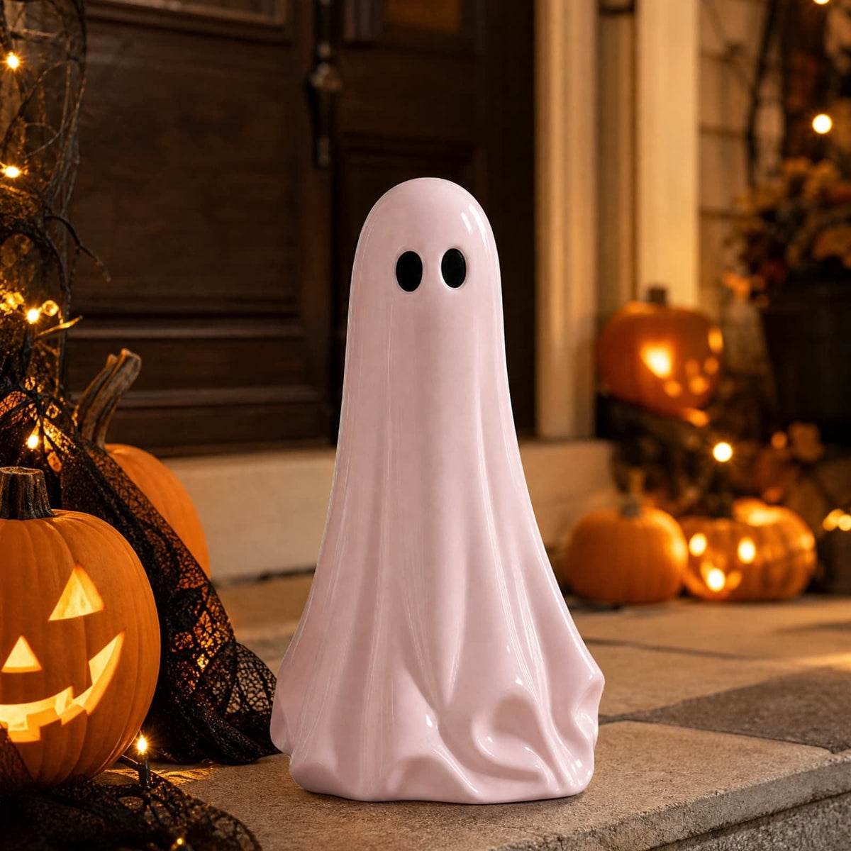 Pink Halloween Decor Ghost Candy Bowl Figurine with Bow and Scalloped Holder for Indoor Tabletop Decor and Party Favor Display