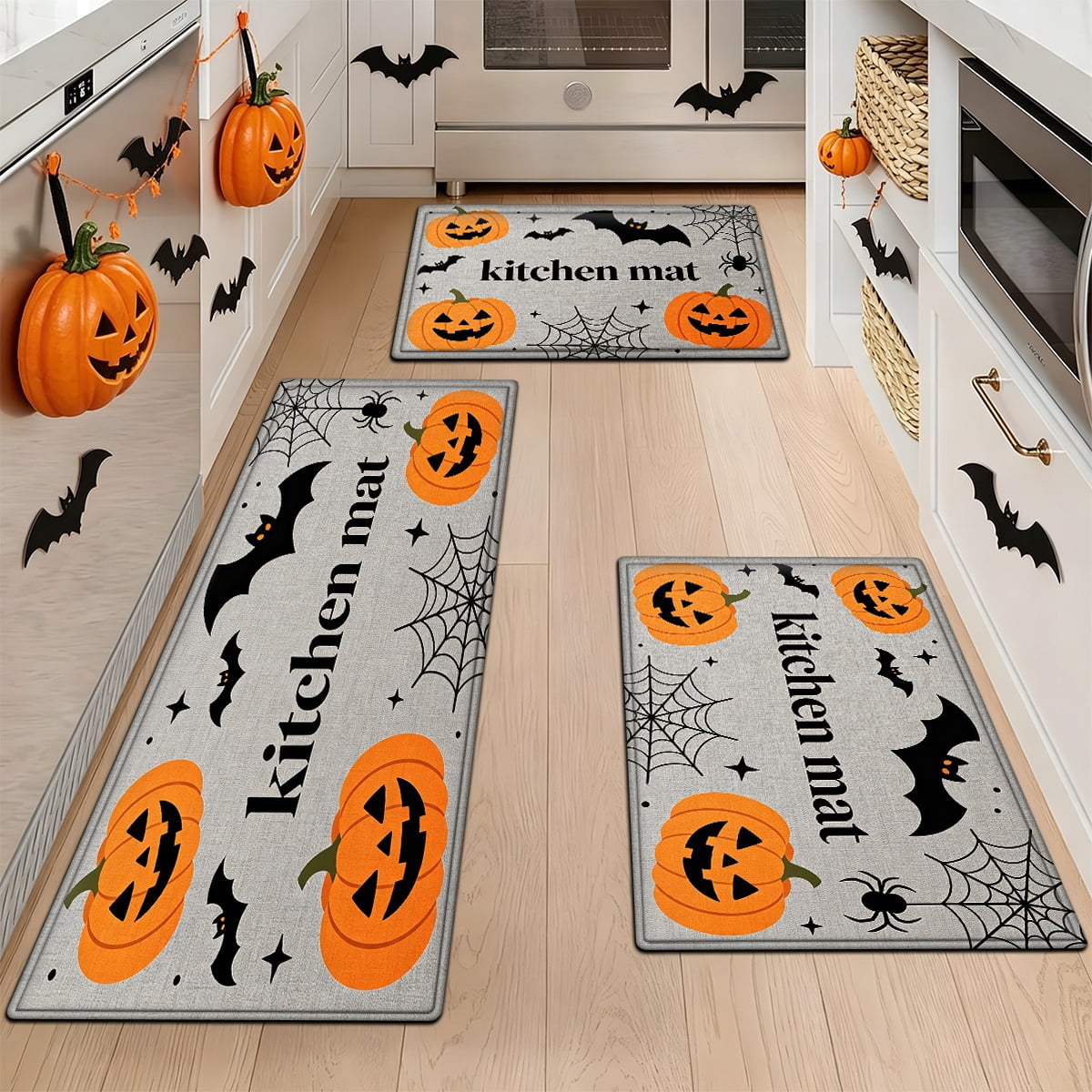 YIMEIS Halloween Pumpkin Lanterns 3Pcs Flannel Mat and Kitchen Rugs Set,Soft Non-slip,Perfect for Home Bathroom