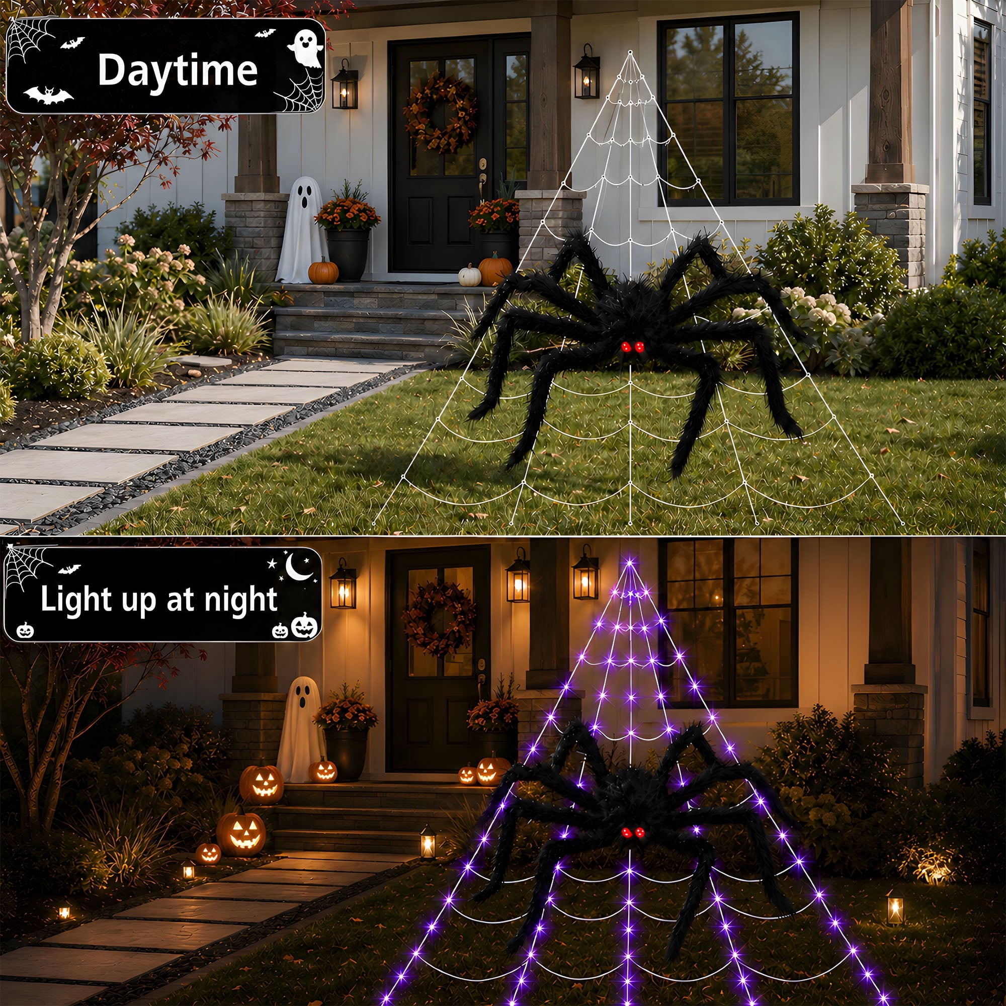 DAYBETTER Halloween Spider Web Lights, 5FT Giant Spider, 250 LED Holiday Lights, Remote Control Waterproof for Indoor Outdoor Yard Party Halloween Decorations (Purple & Orange)