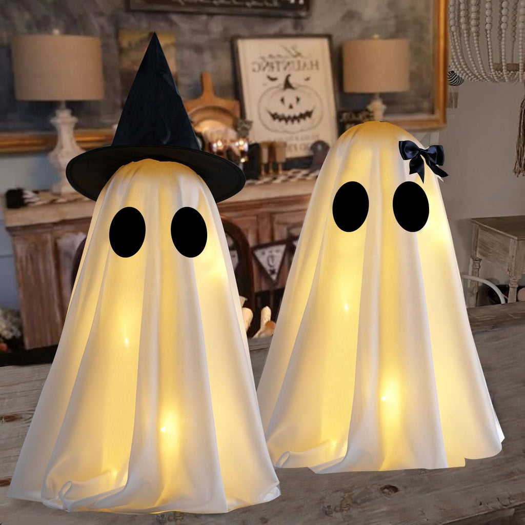 TETOU 2pcs Halloween Scary White Ghost Decor , Light Up DIY Scary White Ghost with Timer for Halloween Indoor Home Tabletop Mantel Decorations