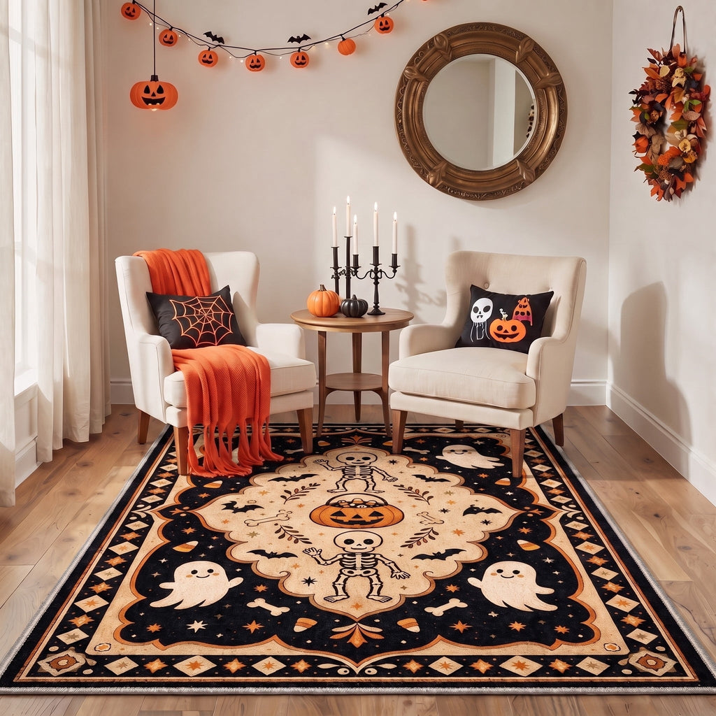 GENIMO 5'x7' Halloween Area Rug for Living Room, Washable Non Slip Soft Vintage Witch Indoor Rug for Bedroom Dining Room Home Office, Retro Sepia