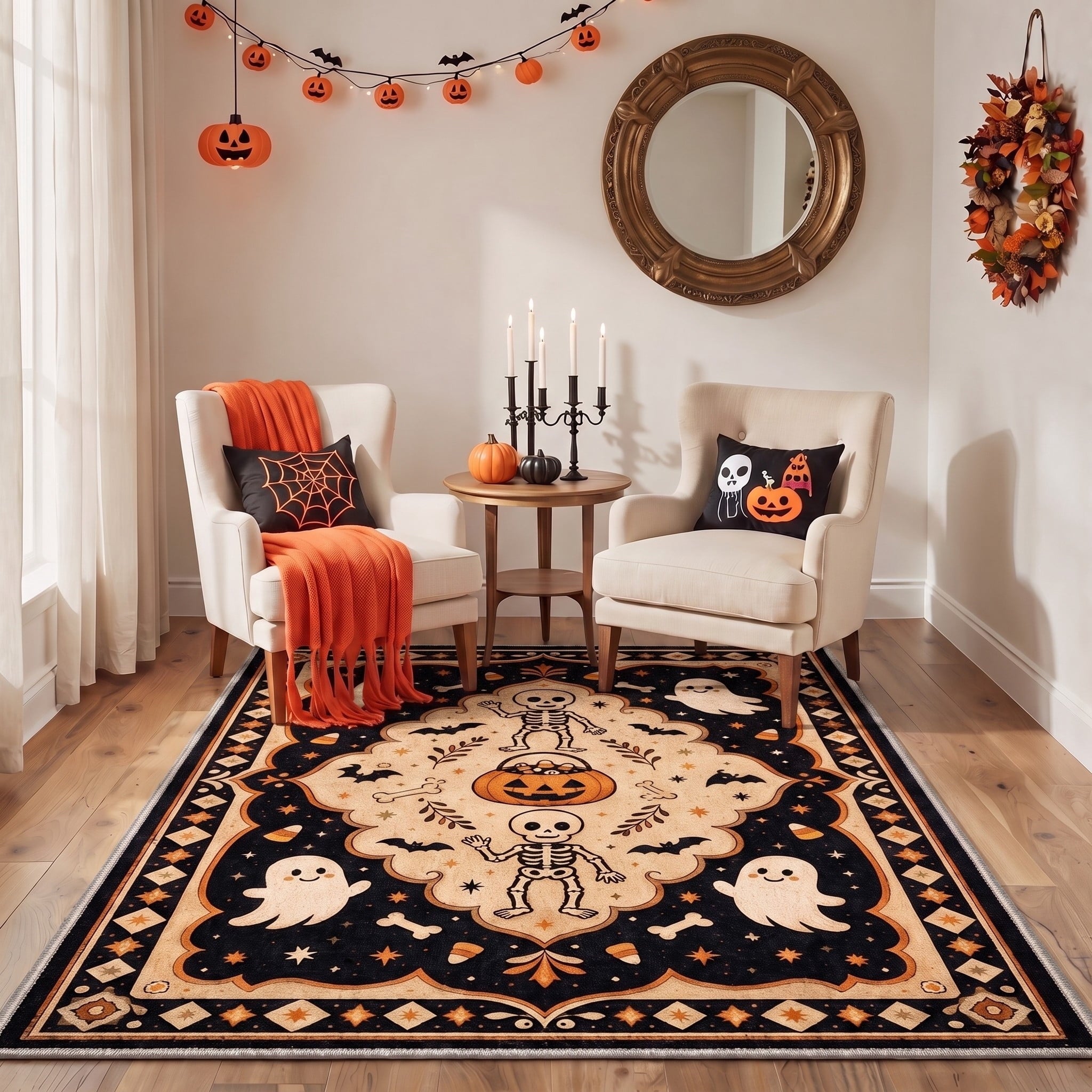 GENIMO 5'x7' Halloween Area Rug for Living Room, Washable Non Slip Soft Vintage Witch Indoor Rug for Bedroom Dining Room Home Office, Retro Sepia