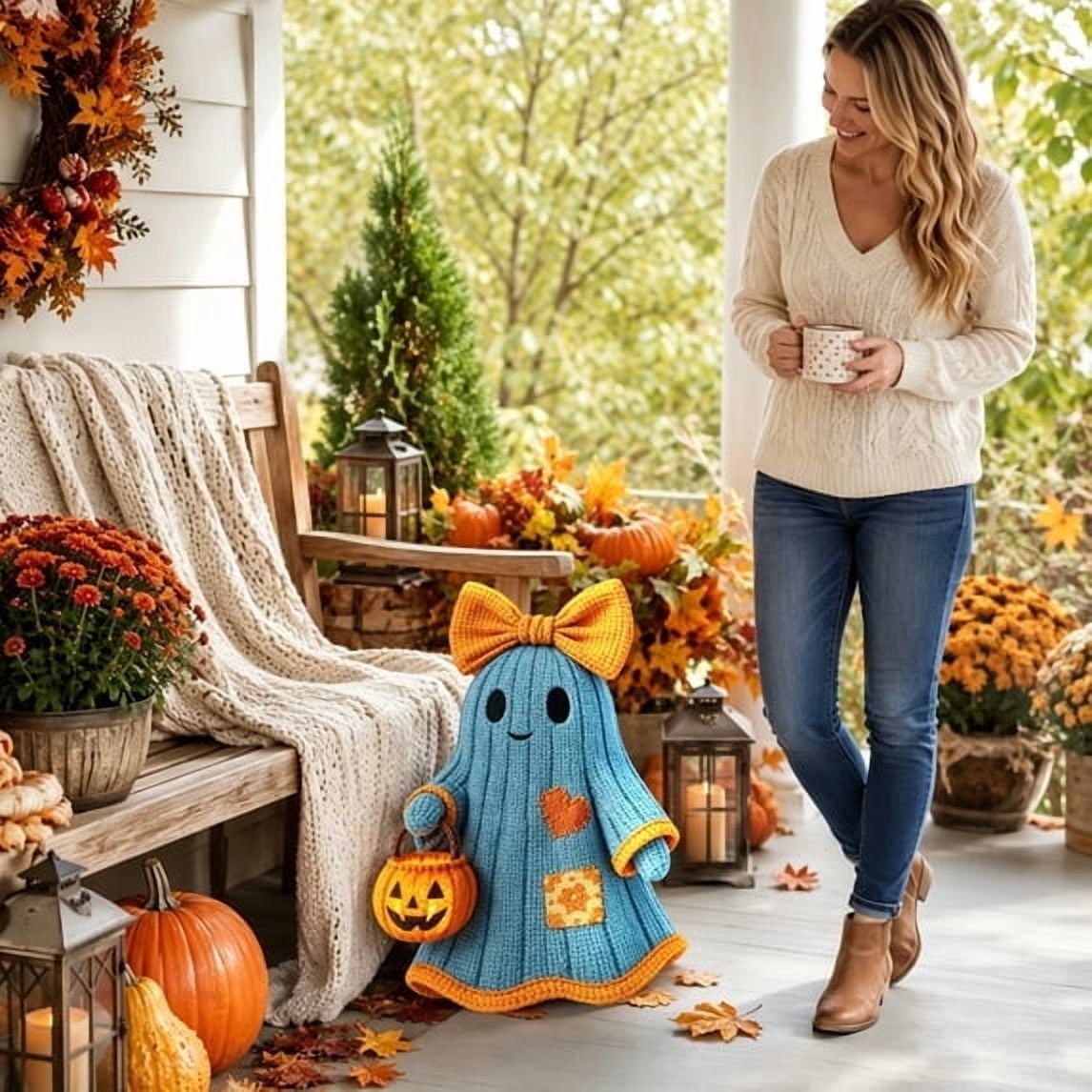 TOYOUME Vintage Patchwork Ghost, LED Glowing Retro Ghost Figurine, Floral Bow and Pumpkin Bucket for Warm Fall and Halloween Decoration, D