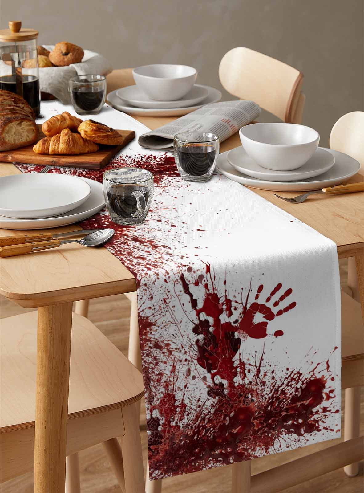 Halloween Red Blood Table Runner 90 Inches, Horror Bloody Handprint Bed Runner Dresser Scarves Tabletop for Indoor Outdoor Parties/Ceremony/Banquet, 13" x 90"