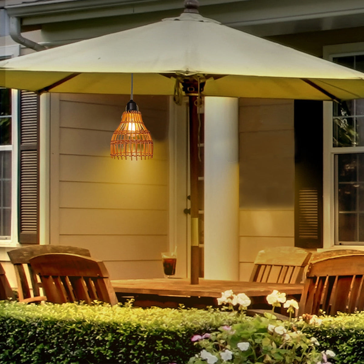 Boho Rattan Pendant Lamp Battery Operated with IP55 Waterproof Rating, Hand-Woven Outdoor Hanging Light for Patio Gazebo Garden Ceiling No Electricity Needed