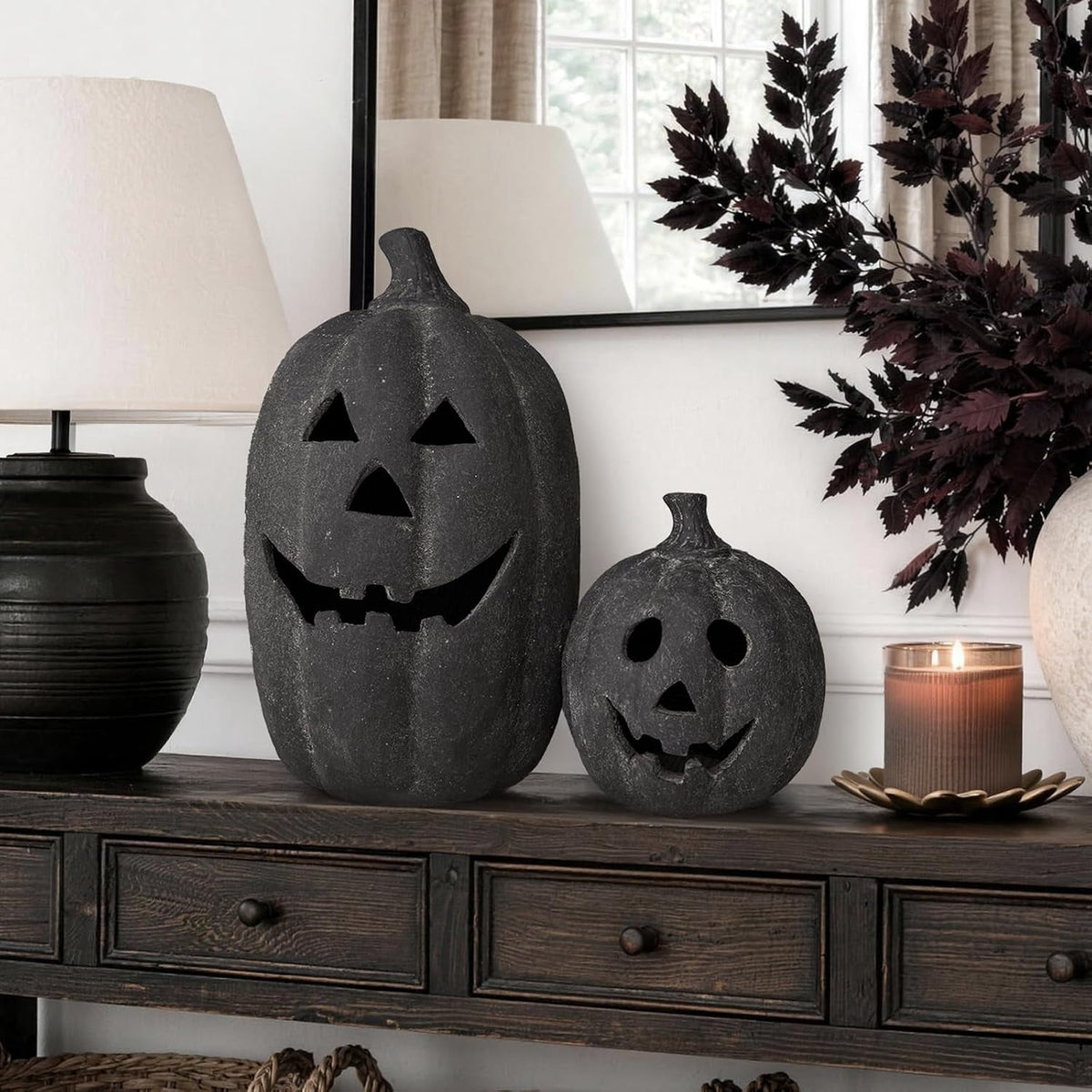 Halloween Decorations - 9.8" Black Handmade Resin Jack O Lantern Pumpkin Fall Decor, Indoor Outside Gothic Festival House Centerpiece Decoration for Table Garden Living Room Mantel