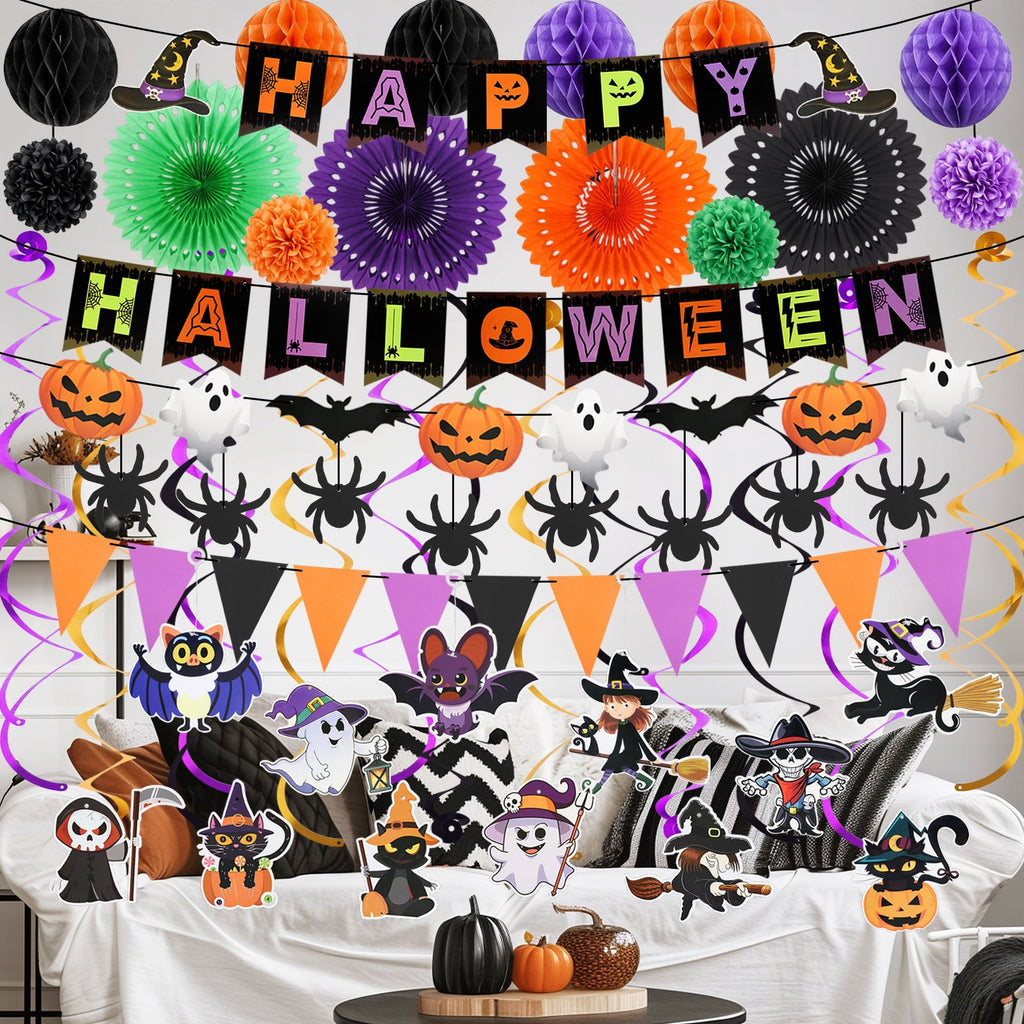 KORALAKIRI Halloween Party Decorations Happy Halloween Banner Honeycomb Balls Paper Fans Hanging Swirls Triangle Garland for Indoor Home Office Class School Party Supplies