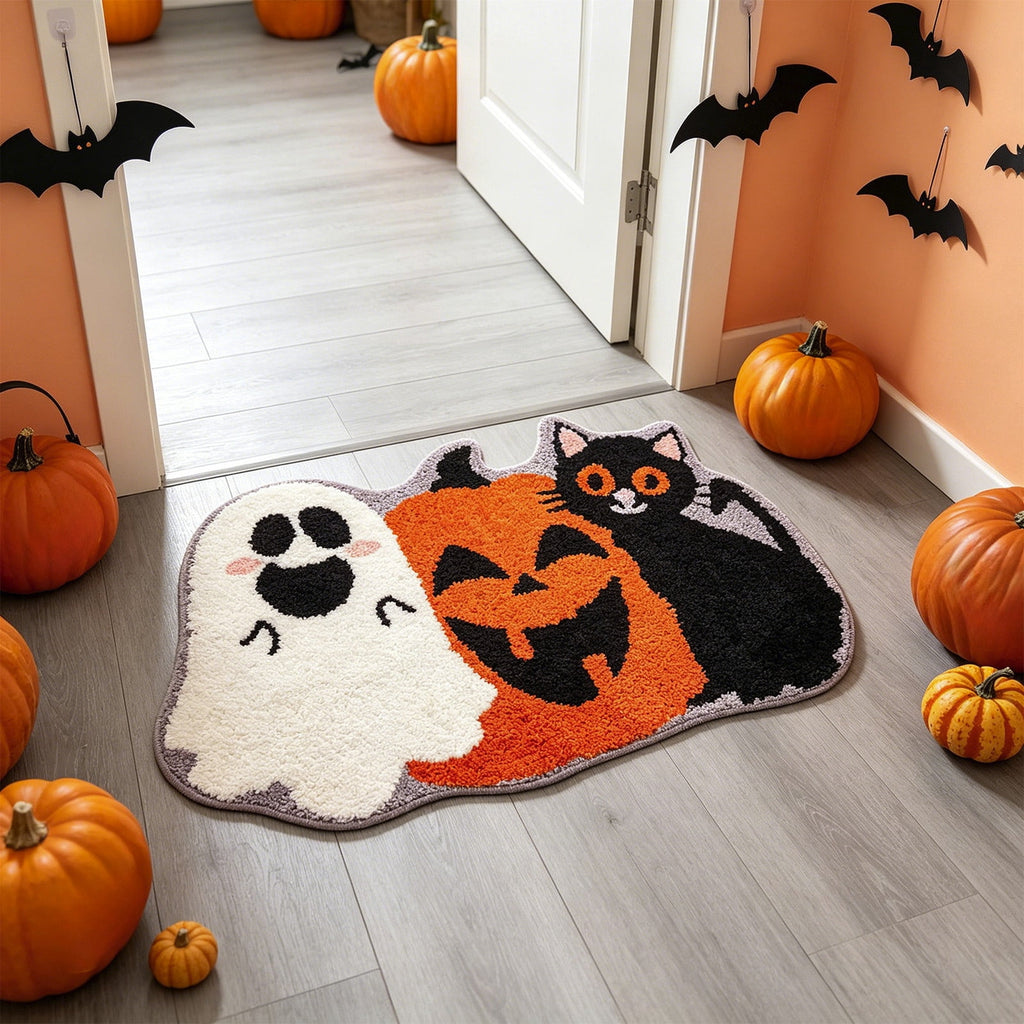 Halloween Doormat Ghost Bath Mat 23.6x15.7in Secure-Grip Absorbent Soft Faux Fur Rug for Bathroom Bedroom Living Room Decor by OVFUIZ