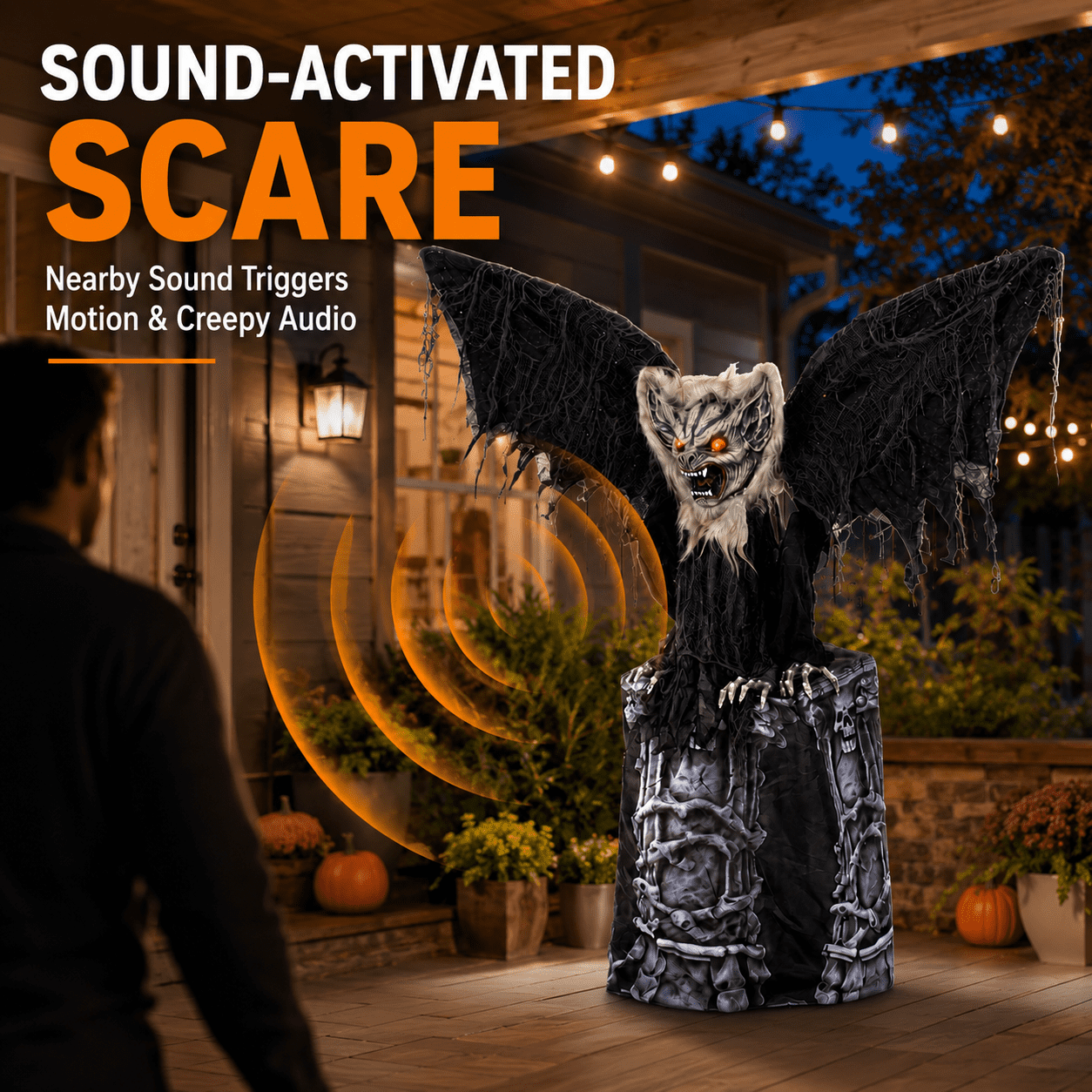 Romswi Halloween Decorations 4.7ft Standing Tombstone Gargoyle Animated with Light Up Eyes and Sound-Activated for Spooky Yard Garden Decor